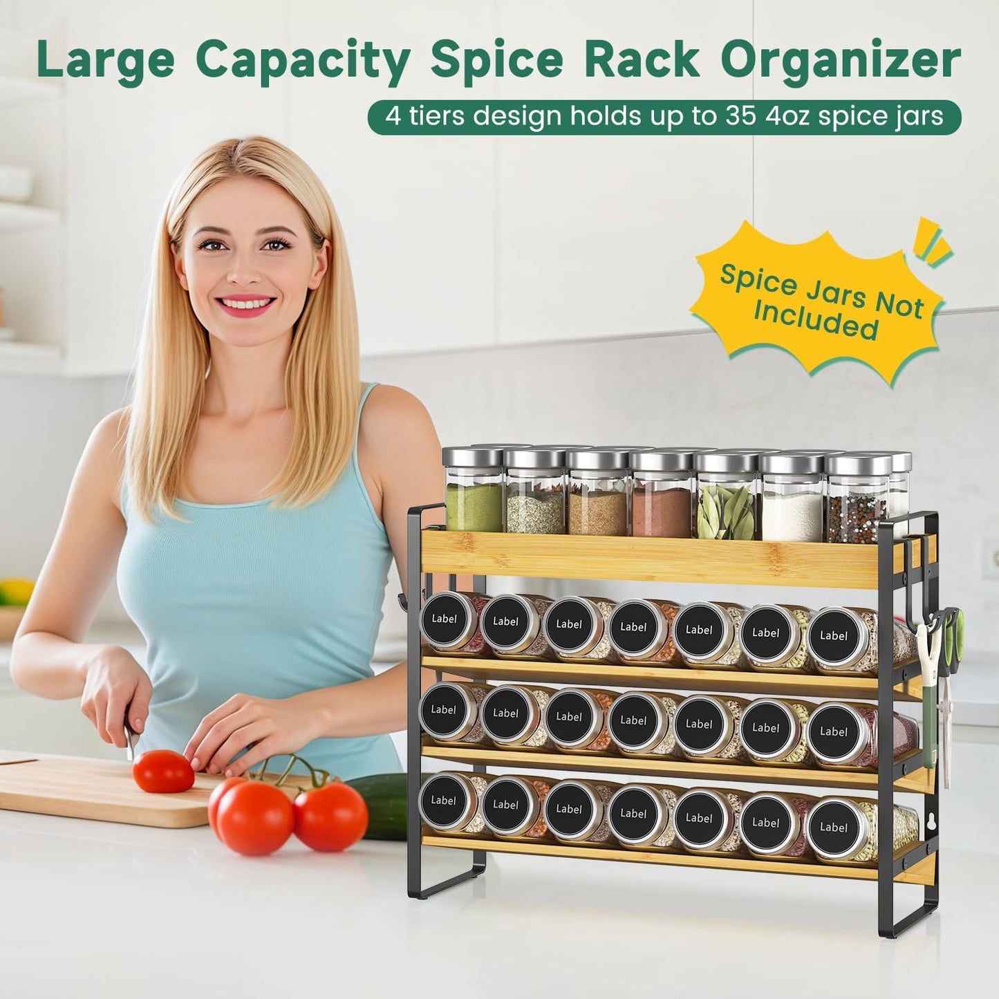 EsLuker.ly Spice Seasoning Rack Organizer Kitchen Countertop, 4 Tier Bamboo Spice Shelf Holder Storage with 4 Hooks, Wall Mounted Freestanding Stand for Pantry, Quick Spice Access(Jars Not Included)