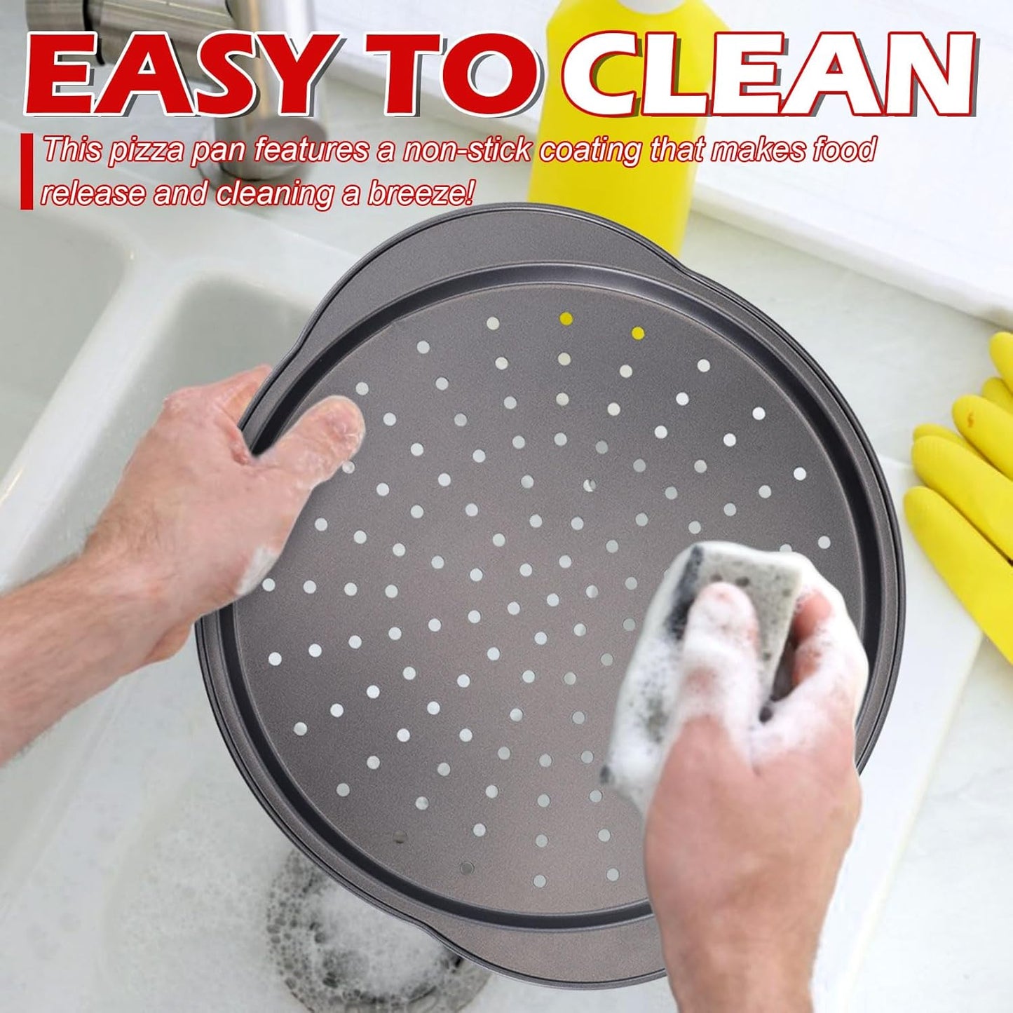 Pizza Pan for Oven - 13" Round Pizza Pans with Holes(2 Pack), Non-stick Carbon Steel Pizza Trays with Handle, Easy to Clean & Oven Safe