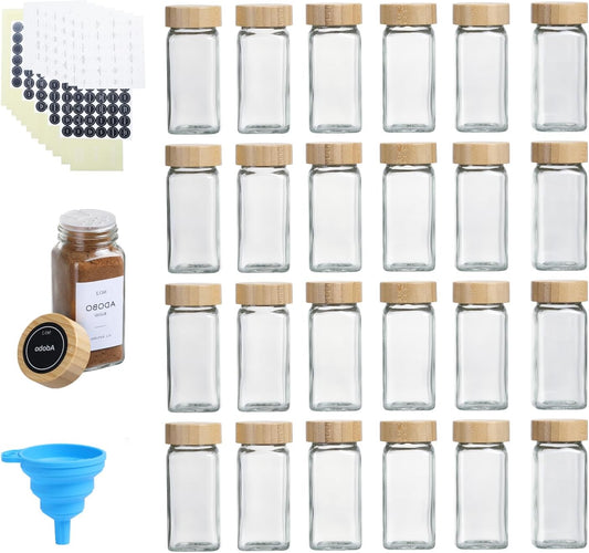 4 oz Glass Spice Jars with Bamboo Lids, Clear Empty Jars with Labels Stickers, Collapsible Funnel, Seasoning Storage Bottles for Spice Racks (24 Pack)