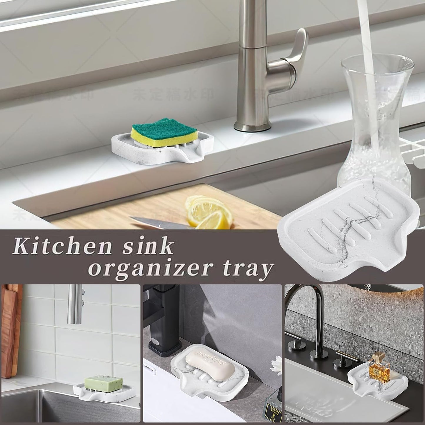 Self Draining Soap Dish- 2 Pcs Bar Soap Holder for Shower, Marble Look Large Soap Savers Soap Tray Sponge Holder for Kitchen Bathroom Bathtub Sink, White