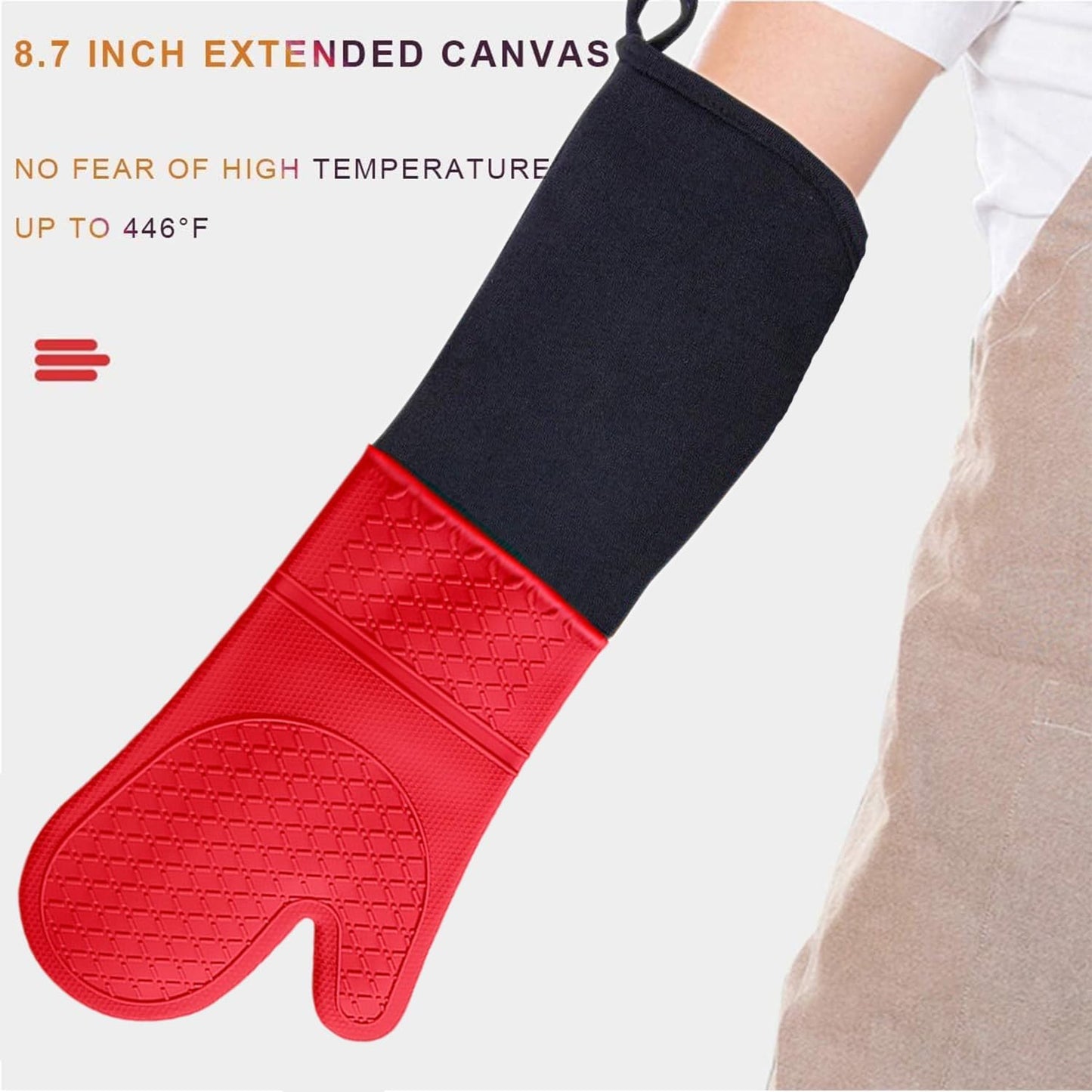 Extra Long Silicone Oven Mitts Heavy Duty Commercial Grade Oven Mitts Heat Resistant BBQ Gloves with Quilted Cotton Lining 2 Pack (Red)