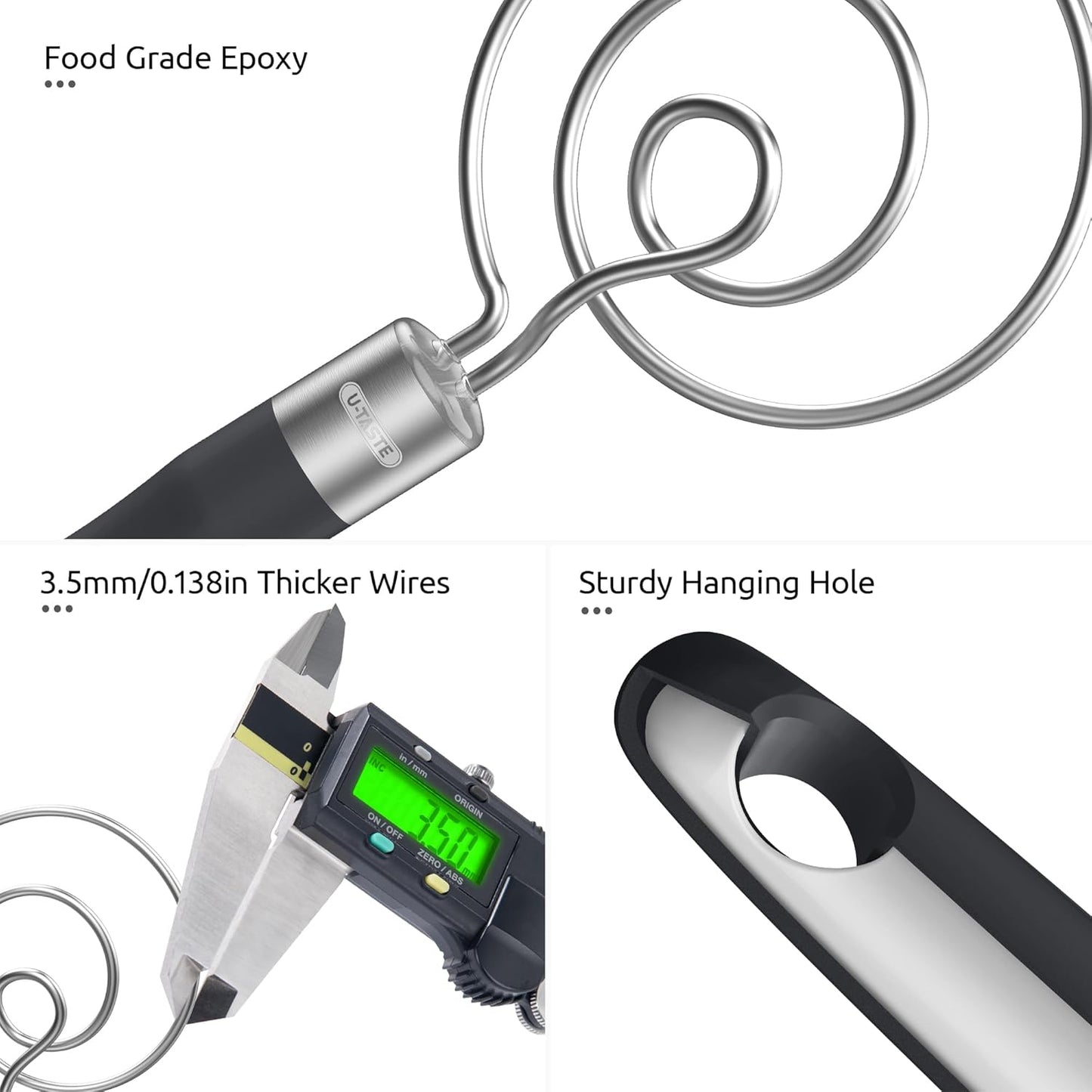 U-Taste 12.6" Danish Dough Whisk: 18/8 Stainless Steel Heavy-Duty Sourdough Mixer Tool, Food Grade Dutch Style Seamless Bread Wisk, Sturdy for Mixing, Stirring, Pressing, Kneading Thick Batter (Black)