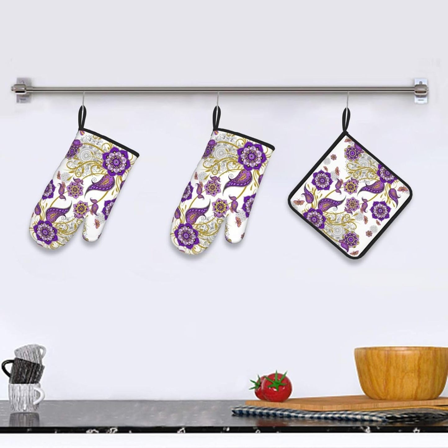 Purple Flower Oven Mitts and Pot Holders Sets of 3 Kitchen Decor Heat Resistant Hot Pads Boho Floral Oven Gloves for Cooking Grilling Baking
