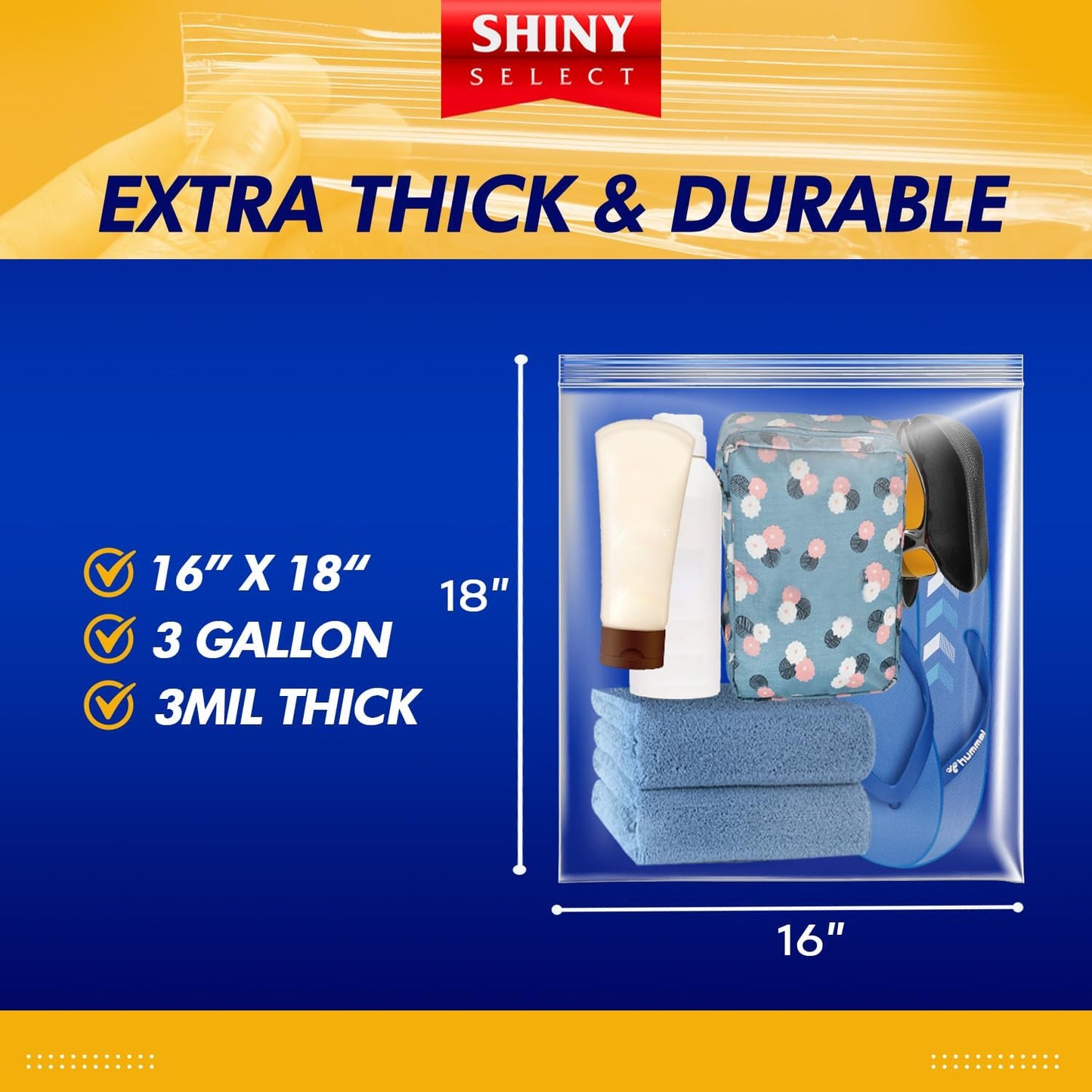 Extra Large Plastic Storage Bags With Zipper Top 3 Gallon 16" x 18" Jumbo Size Bag Heavy Duty 3 Mil Thick Clear X-Large Big Zip Bags for Food Freezer Clothes Travel Moving (12)