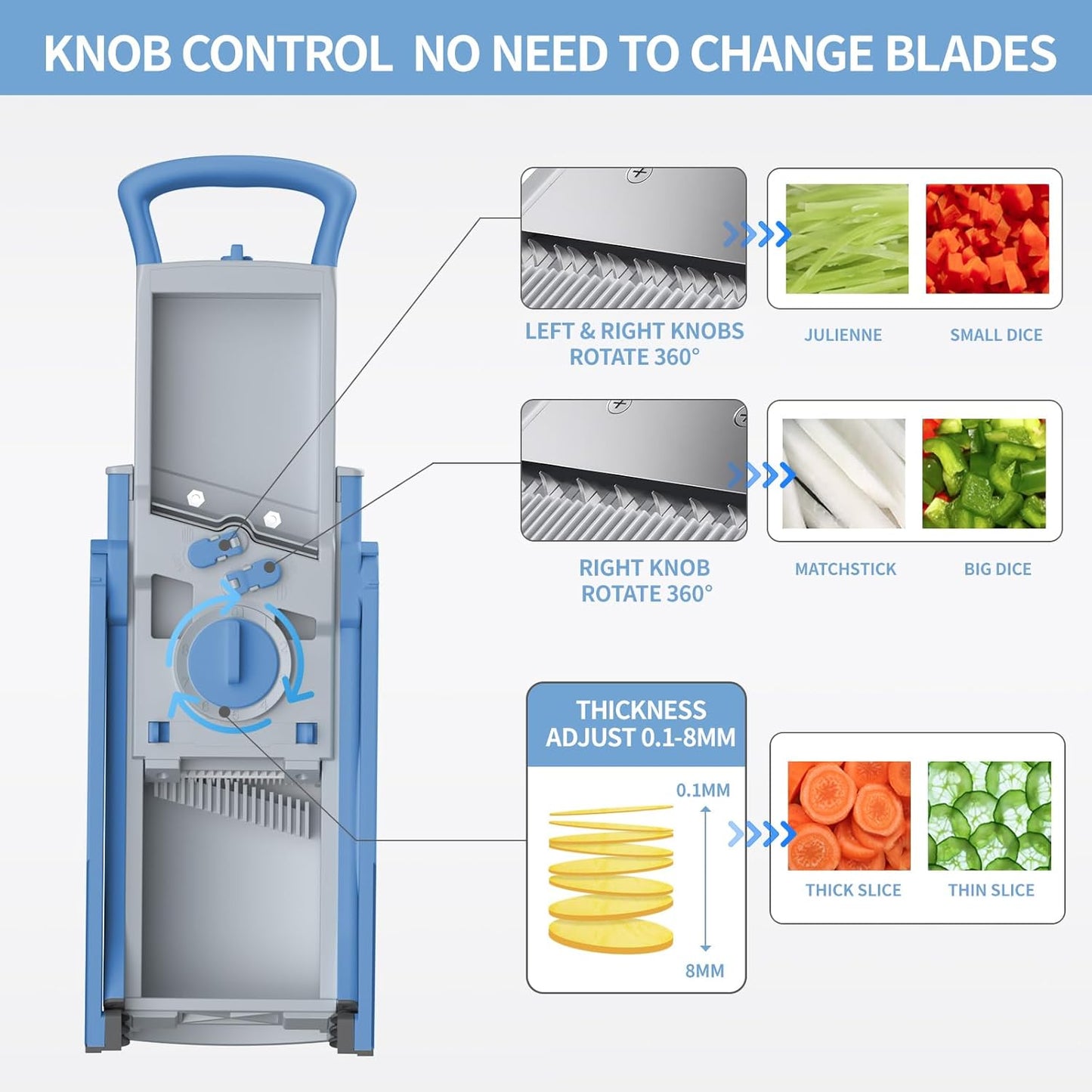 Upgrade Safe Mandoline Slicer for Kitchen, Vegetable Chopper and Slicer, Potato Slicer Thickness Adjuster, French Fry Cutter, Veggie Onion Dicer Faster Kitchen Mandolin for Meal Prep (Blue)