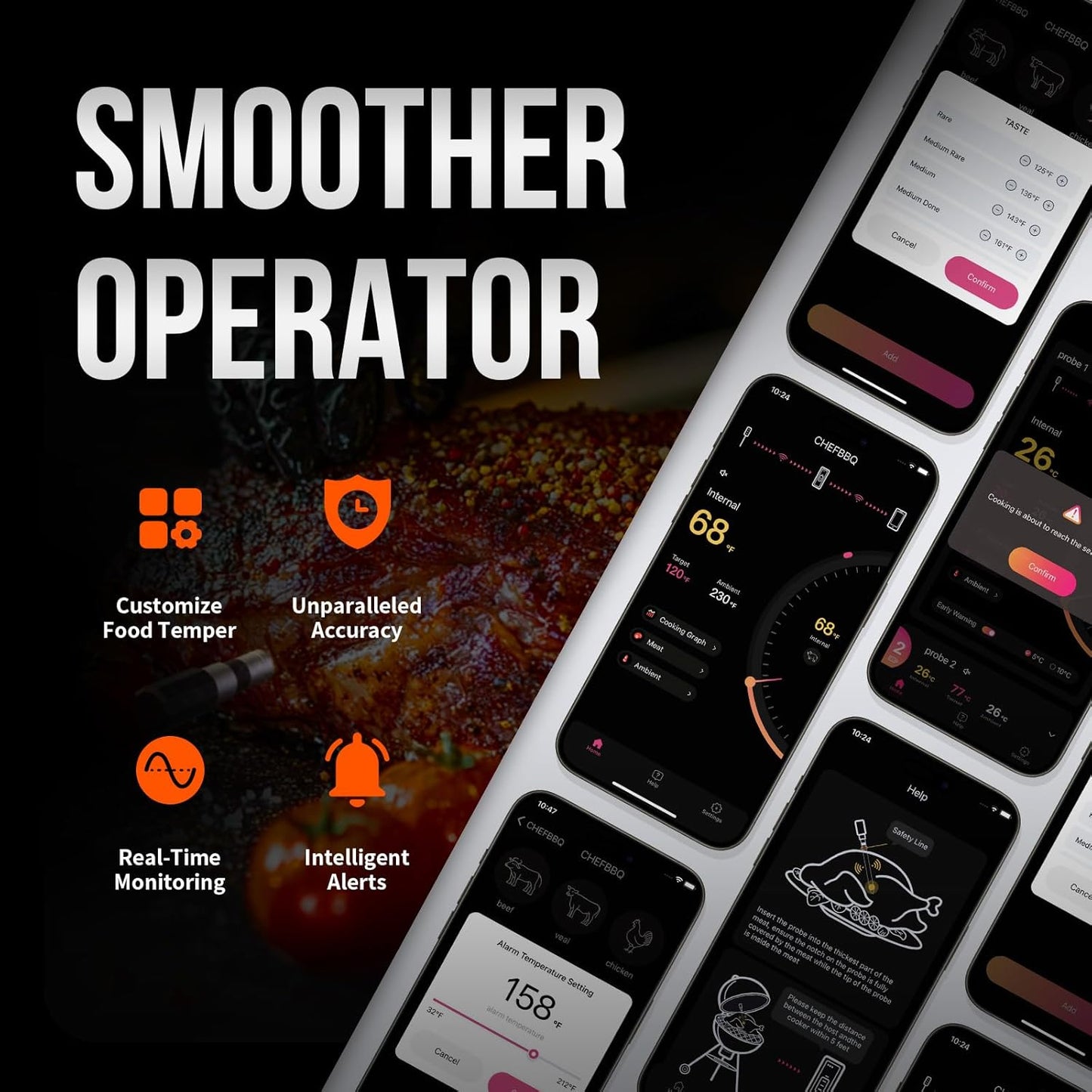 Meat Thermometer Digital Wireless, 800FT Long Range Bluetooth Cooking Thermometer, Food Thermometer for Remote Monitoring of Grill, Oven, Smoker, Air Fryer, Rotisserie, iOS & Android App