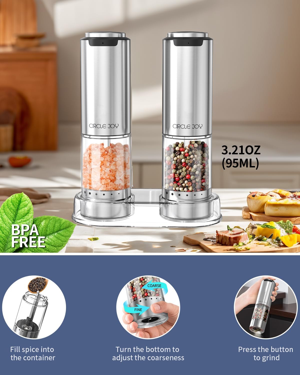 CIRCLE JOY Rechargeable Electric Salt and Pepper Grinder Set with Base, Stainless Steel Pepper Mills with 95ml Container, White LED Light and External Adjustable Coarseness, Silver
