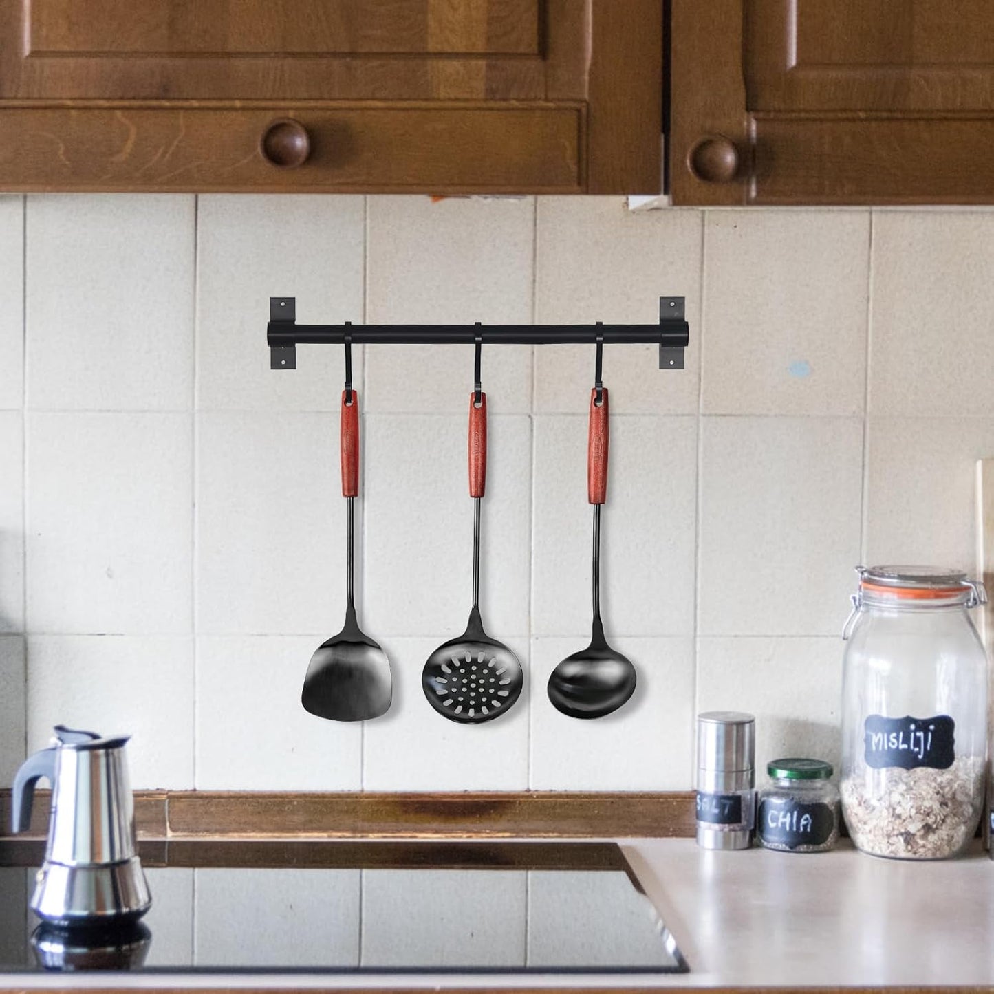 FJNATINH 17inch Wok Spatula and Ladle, Skimmer Spoon, Slotted Turner Spatula Set 304 Stainless Steel Kitchen Utensils Sets, 4-Pieces Cooking Utensils Tools Wok Accessories