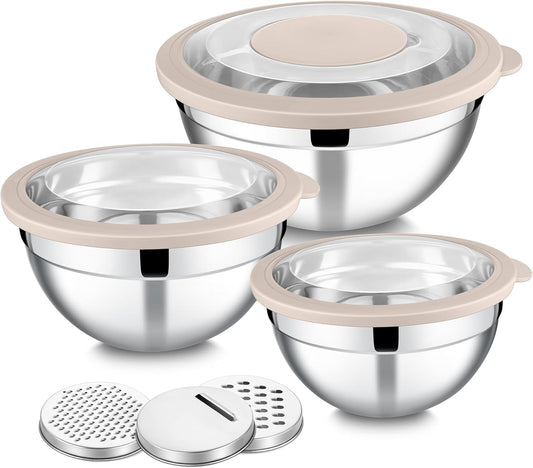 E-far Mixing Bowls with Lids and Graters, Stainless Steel Salad Mixing Bowl with Transparent Lid Set of 3, Metal Nesting Salad Storage for Kitchen Prepping/Serving/Baking, 4.6/2.6/1.5QT - Khaki