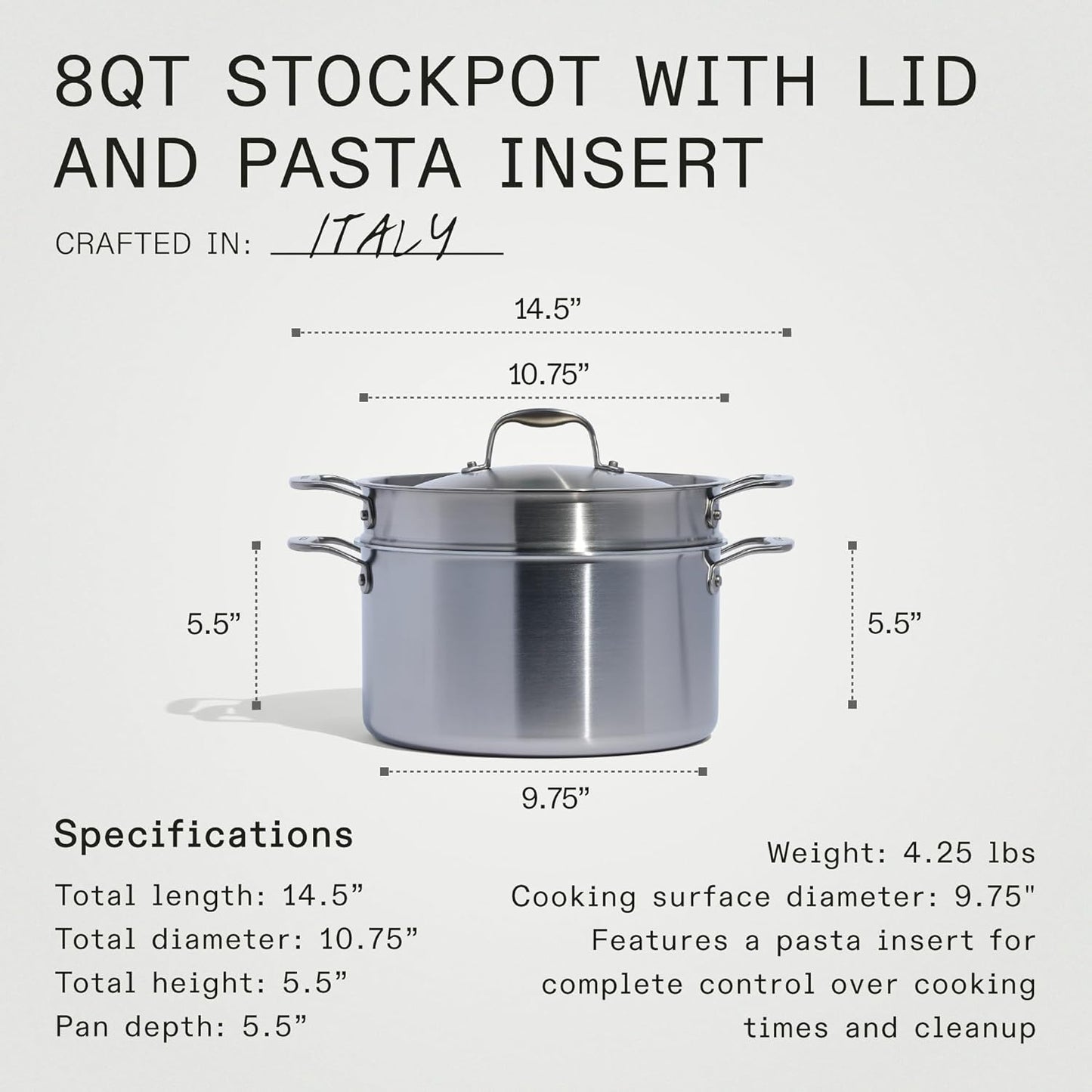 Made In Cookware - 8 Quart Stainless Steel Stock Pot With Lid and Pasta Insert - 5 Ply Stainless Clad - Professional Cookware - Crafted in Italy - Induction Compatible
