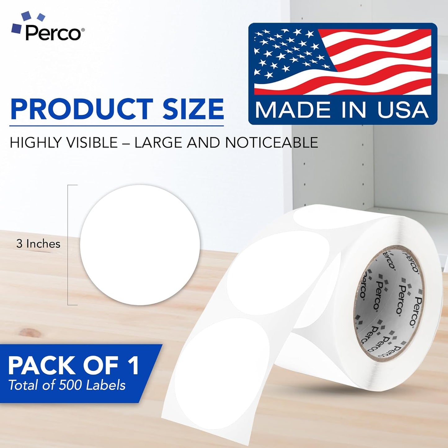 Perco White 3-Inch Round Circle Dot Sticker Labels with Easy Peel Perforation - 500 Labels per Roll - Strong Adhesion, Vibrant Colors for Organizing, Crafting & More - Made in USA