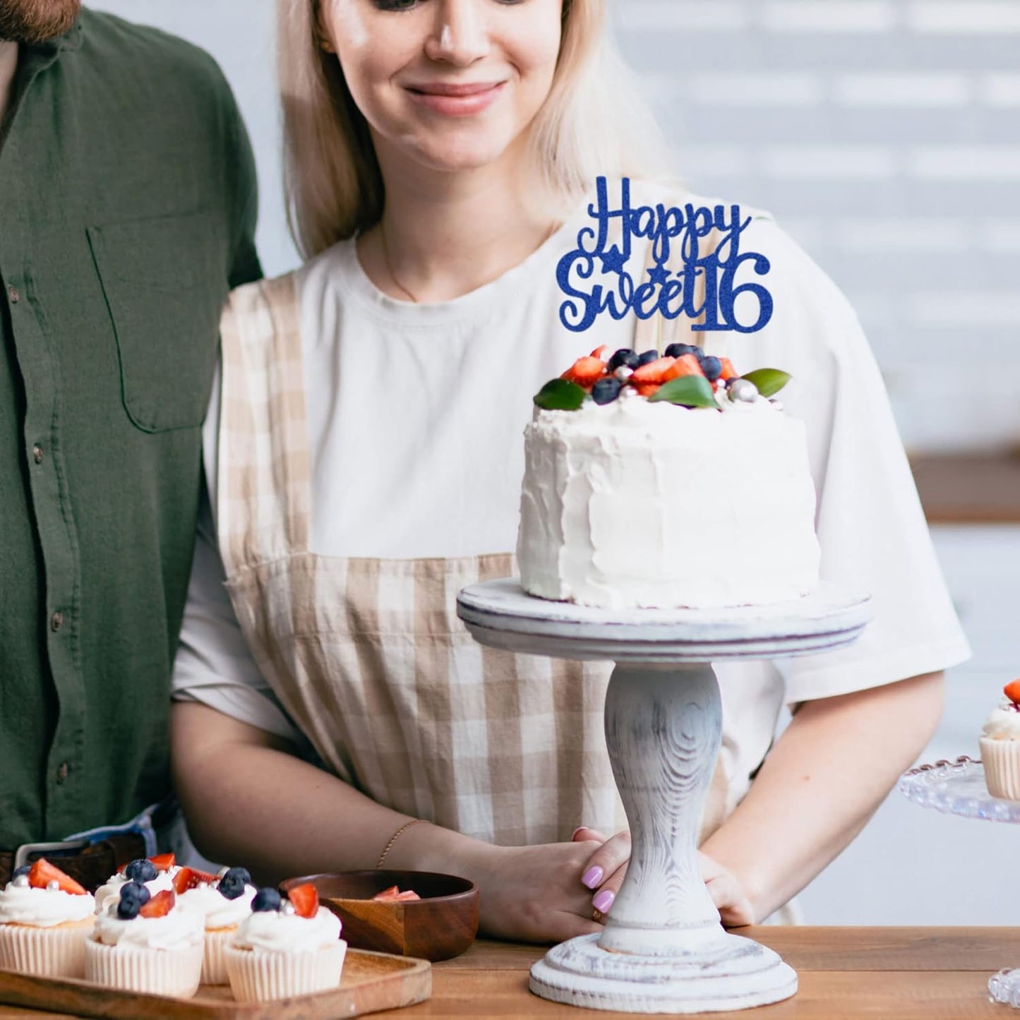 Gyufise 1Pc Happy Sweet 16 Cake Topper Blue Glitter Sweet 16 Birthday Cake Decoration Happy 16th Birthday Decorations for Girls Boys Party Supplies