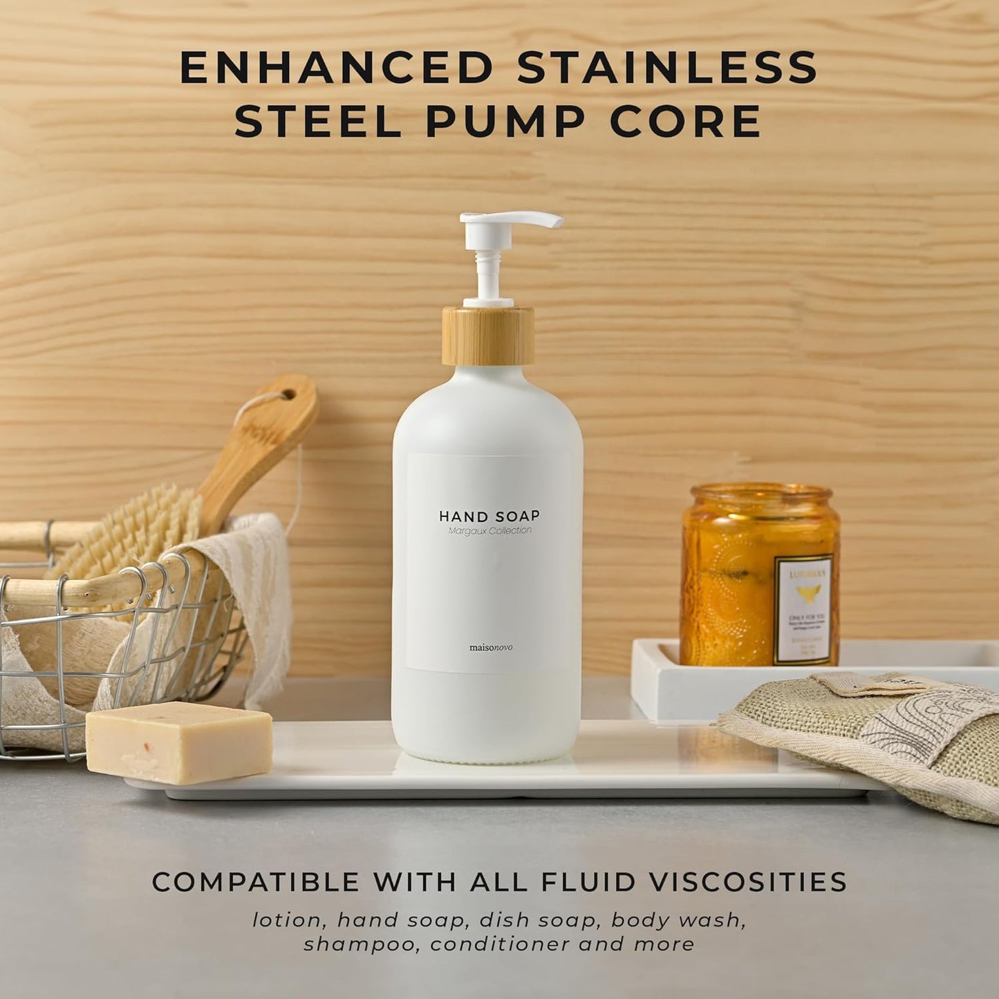 MaisoNovo Glass Hand Soap Dispenser | Dish Soap Dispenser for Kitchen | 16.9oz White Bottles with White Bamboo Pump | Bathroom Lotion Dispenser