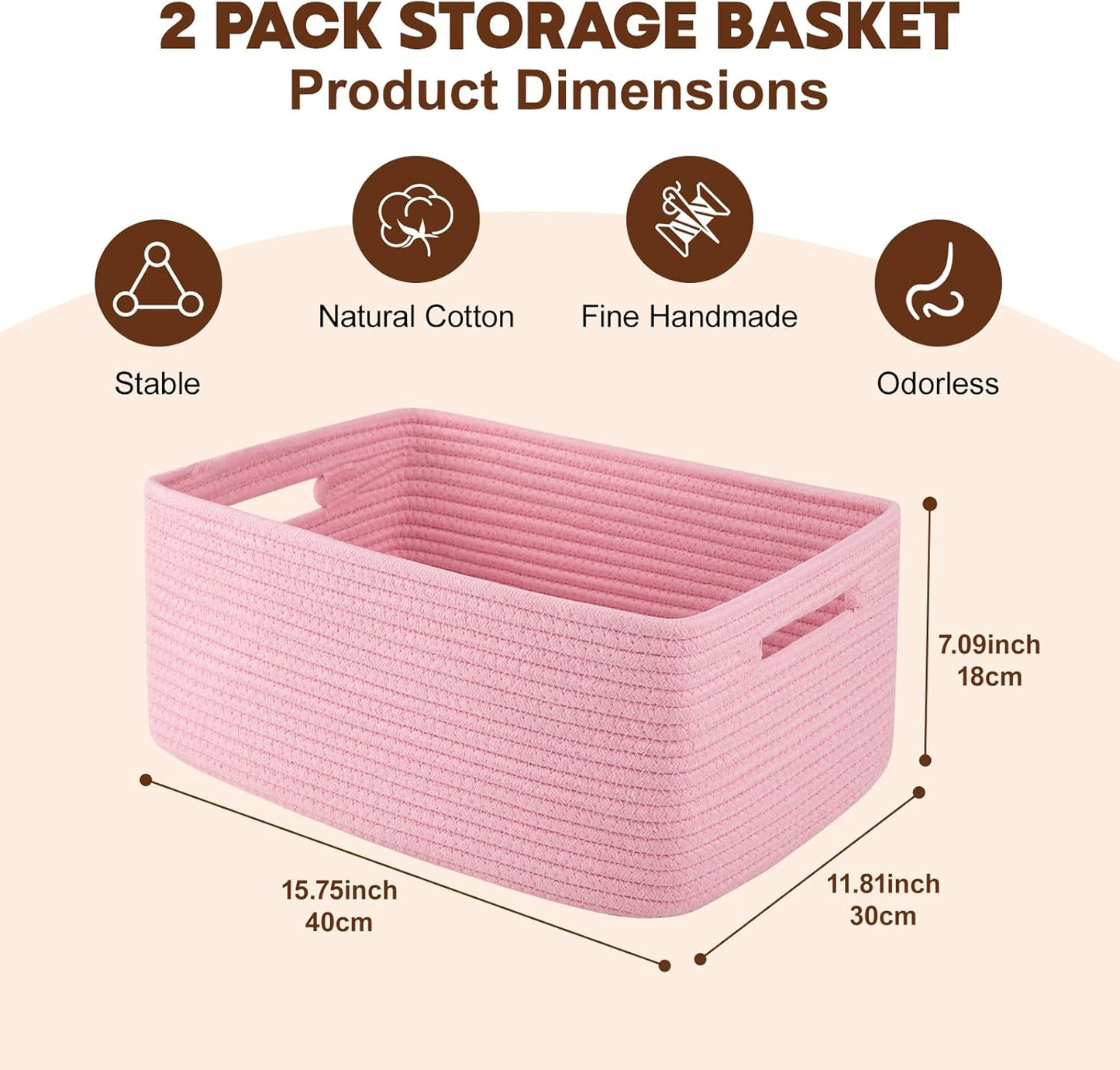 OIAHOMY Storage Basket for Shelves, Closet Cube Storage Bins Baskets for Clothes Blanket Towels, Baby Nursery, Toy Baskets Box, Woven Rope Basket, 15.75*11.81*7.09 IN, 2 Packs Pink