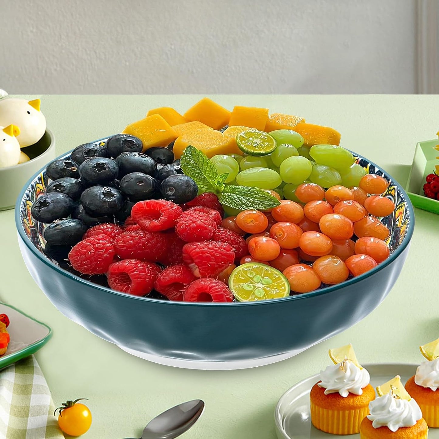 Large Serving Bowls, 75 Oz Fruit Salad Bowls Set of 2, Bohemian Style Large Porcelain Dishes for Entertaining Parties,Big Bowls for Salad, Pasta, Fruit, Chips, 10.3 Inch Diameter (green.green)