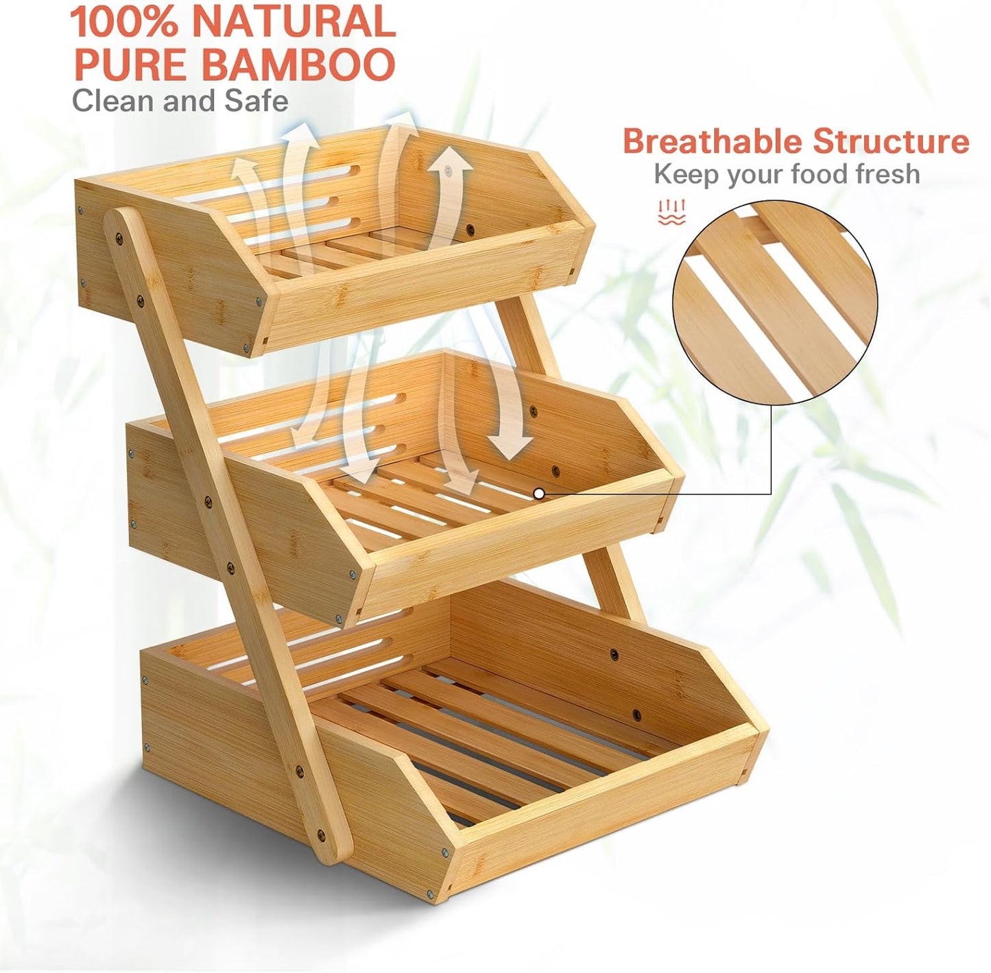 G.a HOMEFAVOR Bamboo Fruit Basket, Fruit Organizer for Kitchen Counter, Vegetable Storage Stand, 15 mm Thickness (Self-assembly)