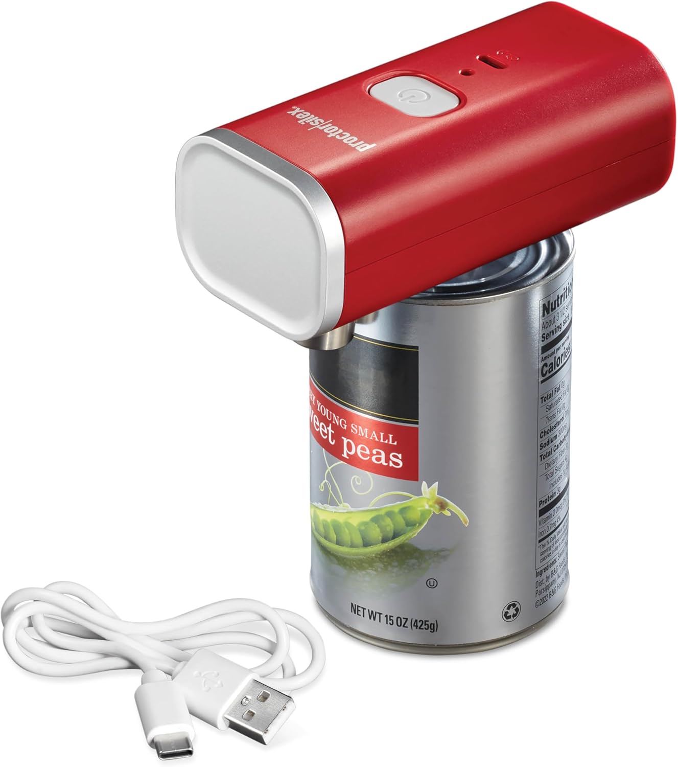 Proctor Silex Automatic Electric Can Opener, Hands Free Cordless Operation & USB Rechargeable, Self-Aligning, Cut Smooth Touch Lid Edges, Compact and Easy to Store, Red