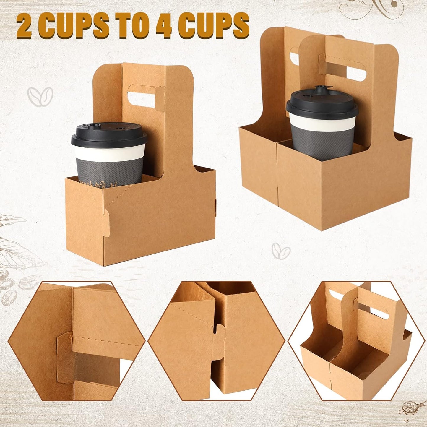Nuogo 100 Pack 2 Cup Drink Carrier Handled Drink Carrier Holder Disposable Cup Holder Paper Cup with Handle Take Out to Go Coffee for Restaurants Food Delivery