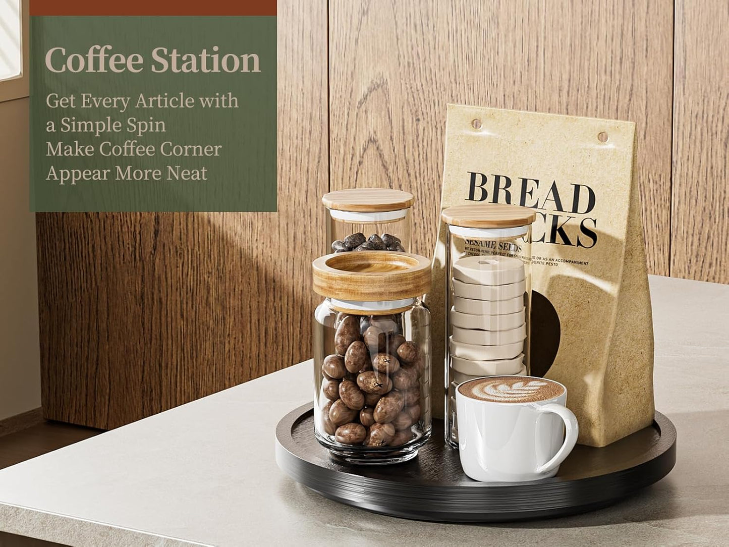 LAMU 9'' Wood Lazy Susan Organizer Turntable for Cabinet, Lazy Susan for Table Top, Pantry, Kitchen, Bathroom, Countertop, Rotating Spice Organizer, Vanity Decor Tray, Pine Wood, Black