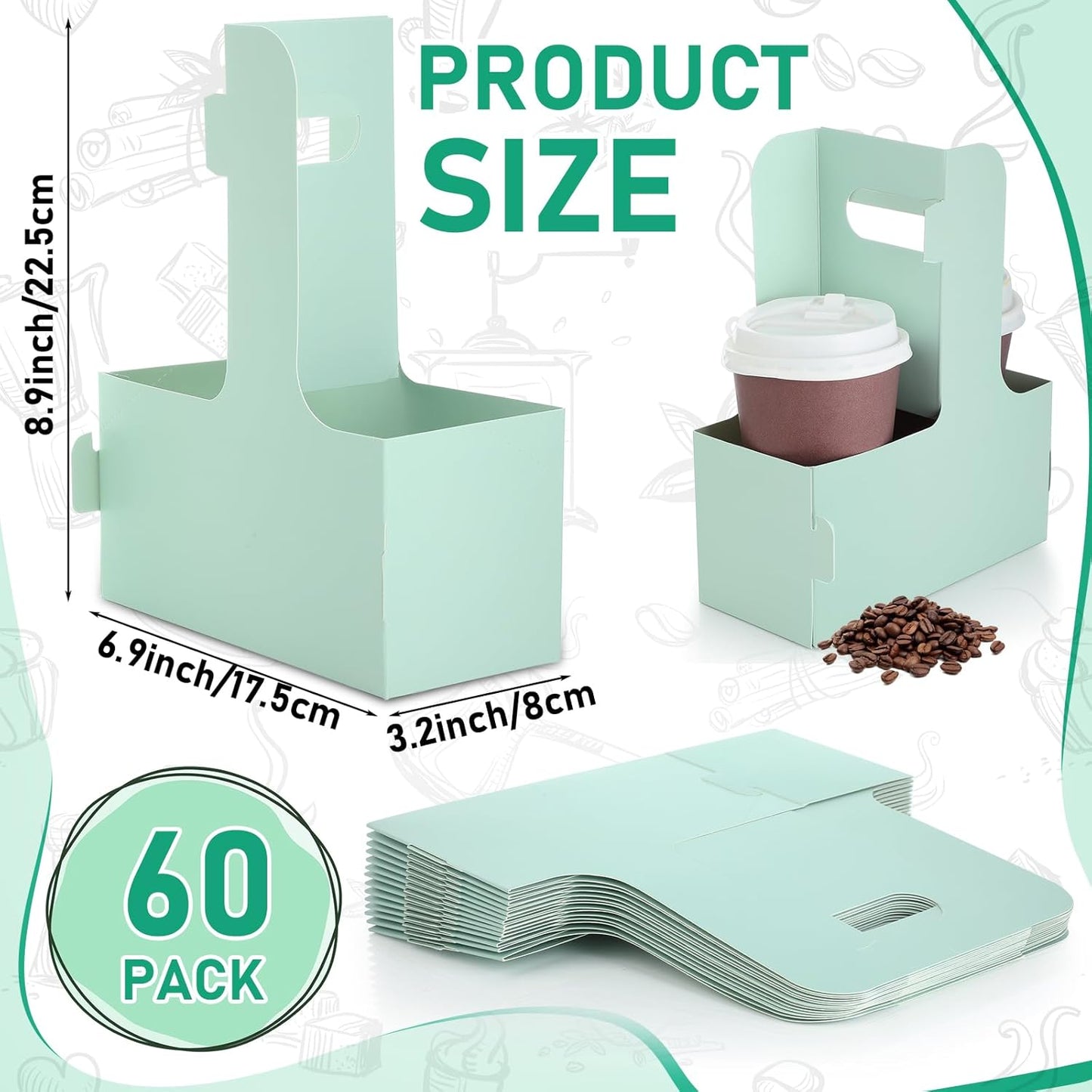Kosiz 60 Pcs 2 Cups Drink Carrier with Handle 6.9 x 3.2 x 8.9 Inch Coffee Holder Paperboard Drink Caddy for Hot and Cold Beverage Takeout Cafe and Restaurant Xmas Wedding Food Delivery(Green)