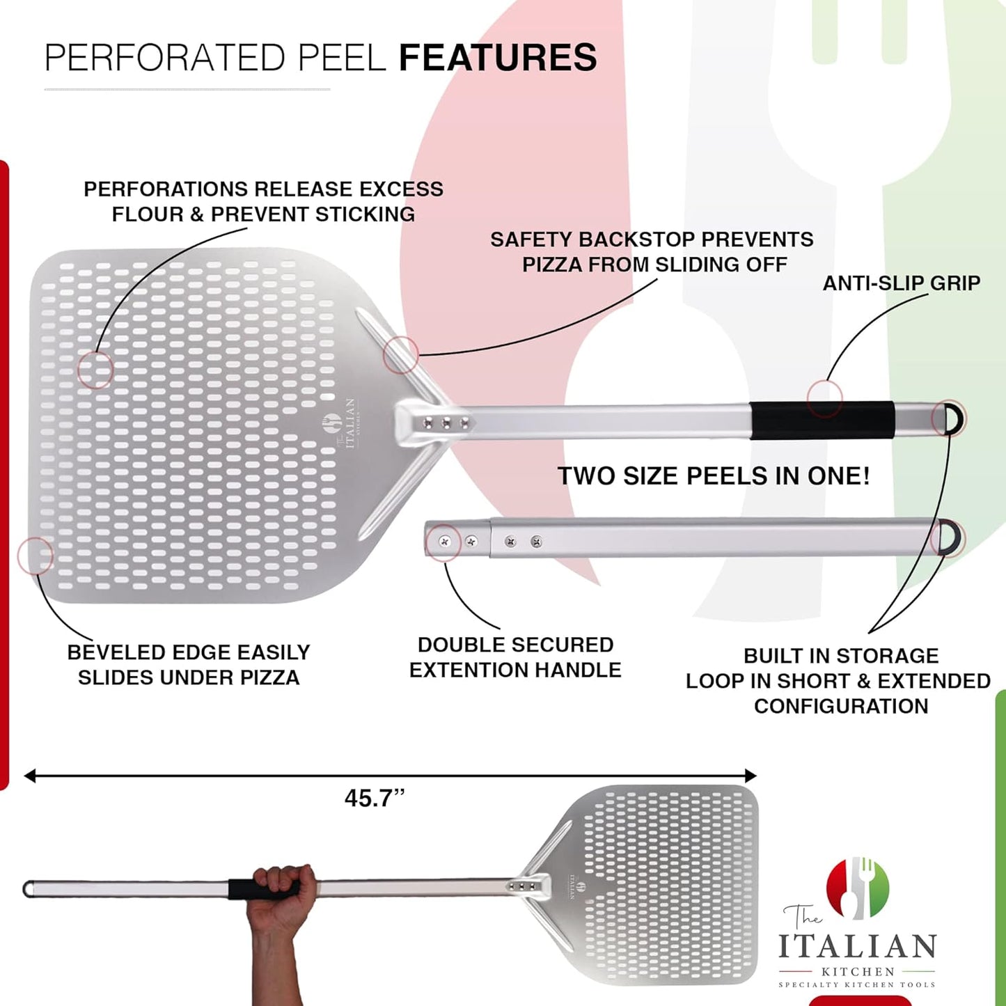 Perforated Pizza Peel 13"W x 16.7"L- Professional Restaurant Grade Large Metal Pizza Peel - 45.7" or 29.7" Long Handle Aluminum Turning Peel - Commercial Pizza Paddle