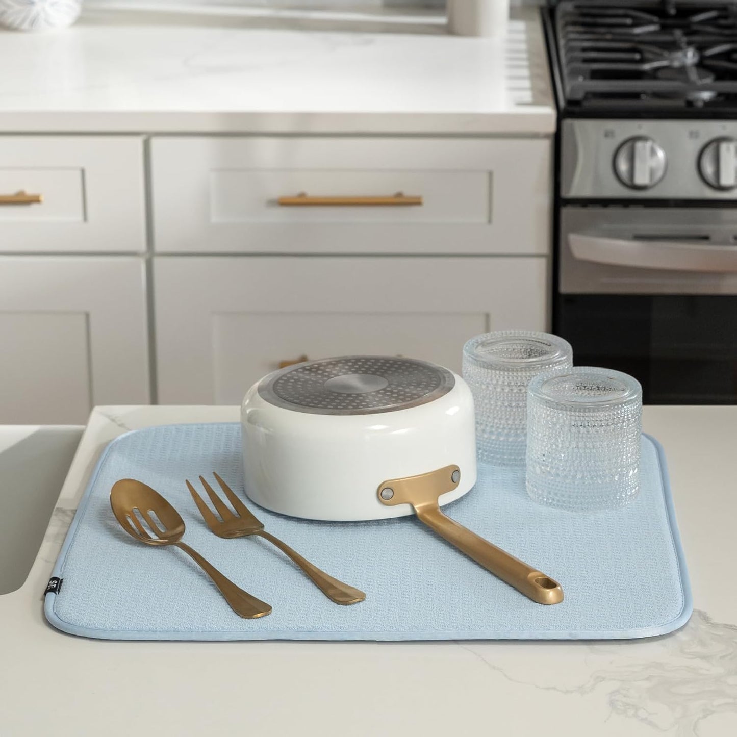 S&T INC. Dish Drying Mat, 16” x 18”, Absorbent Microfiber Kitchen Counter Mat, Dish Drying Pad for Dishes, Utensils, Pots and Pans, Large, Sky Blue