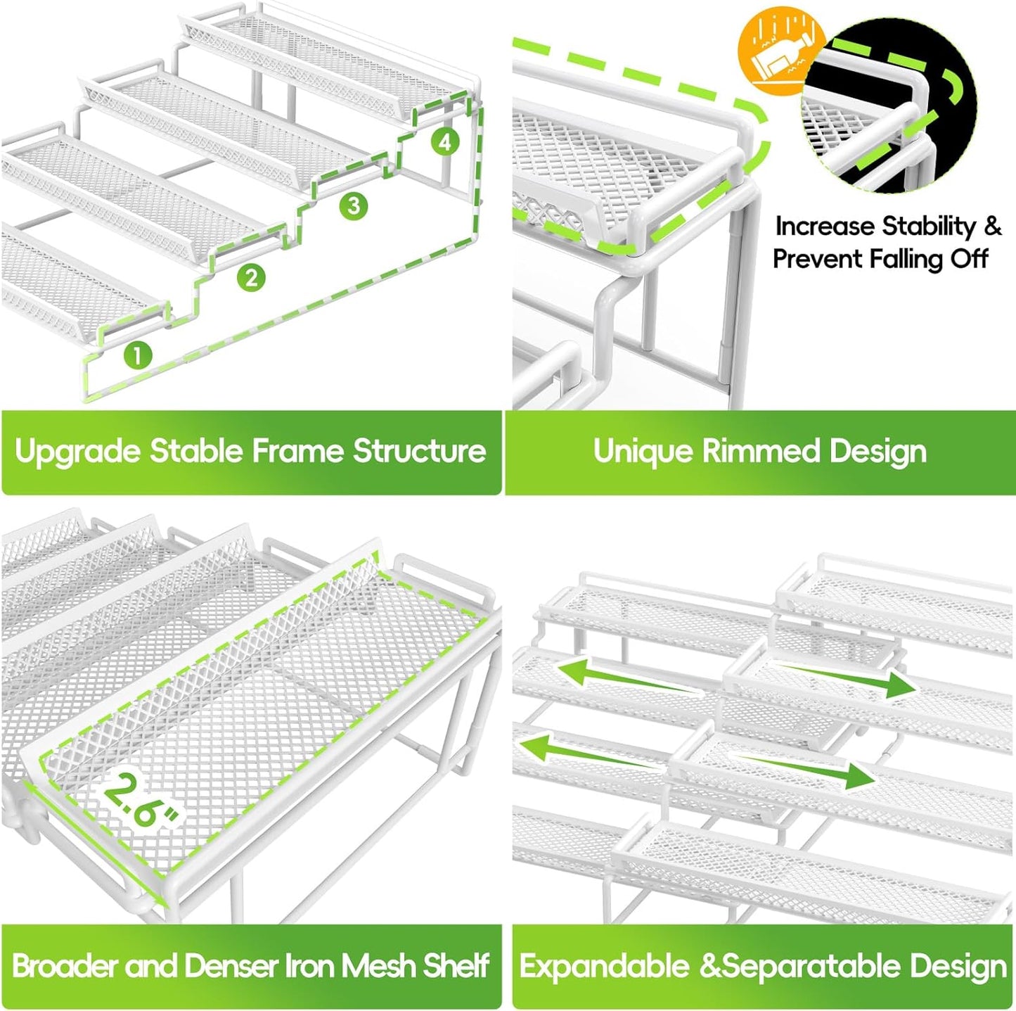 4 Tier Spice Rack Organizer for Inside Cabinet Expandable Display Riser Shelf Seasoning Organizer for Countertop Cupboard Pantry Adjustable Step Storage Holder with Protection Railing (White, 2PC)