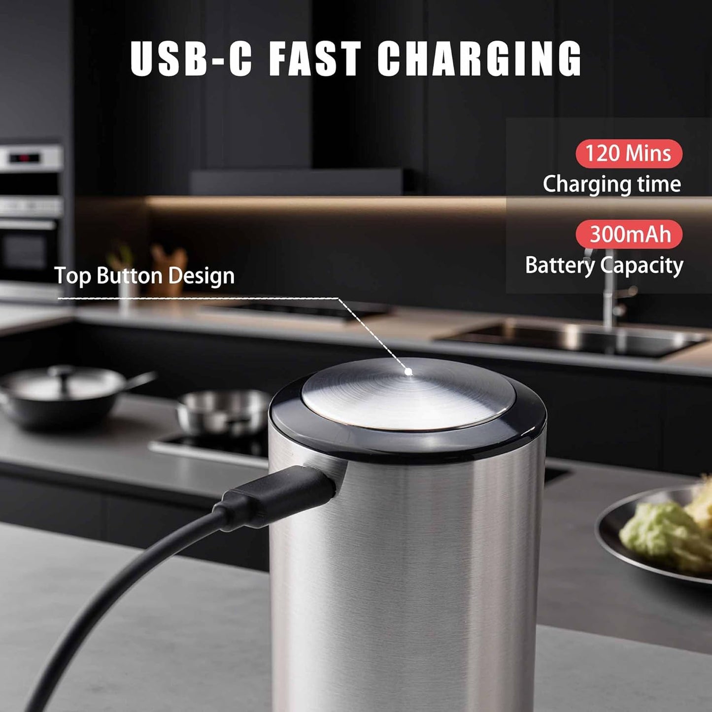 Electric Salt and Pepper Grinder Set, Rechargeable Automatic Pepper Mill Grinder with Led Light, One Hand Operation, Adjustable Coarseness, USB-C Recharging, Refillable, 95ml, Silver(2 Pack)