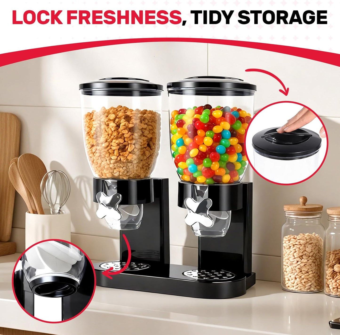 Dual-Control Cereal Dispenser Countertop, 2 Pack 2L Cereal Containers Storage with Airtight Lids, Rotating Dispenser for Pantry, Cereal, Dry Food, Candy, Rice, Grains, Coffee Bean