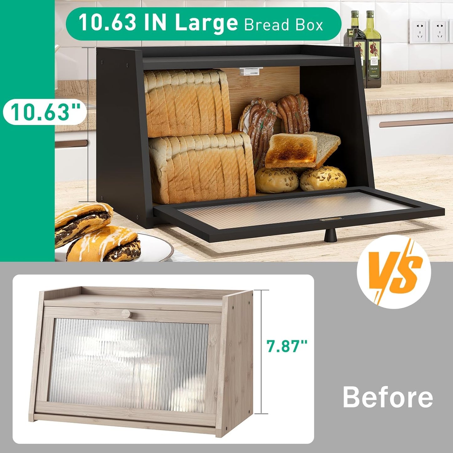 Bread Box for Kitchen Counter, Large Bamboo Bread Storage Container with Wavy Arcylic Door, Bamboo Wooden Farmhouse Bread Box for Your House (Black, Medium)