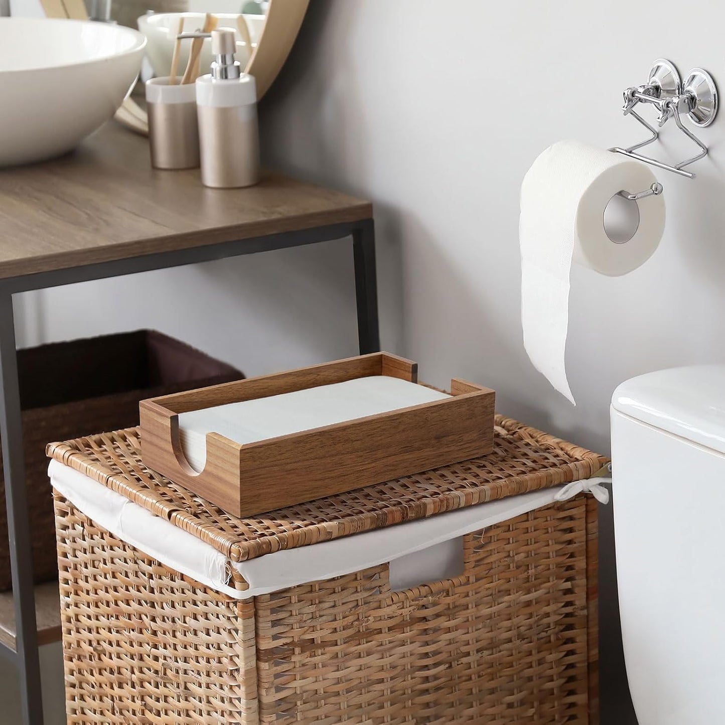 Napkin Holder for Bathroom, Acacia Wooden Guest Towel Holder Tray for Bathroom, Disposable Paper Hand Towel Holder for Bathroom Accessories, Dinner Napkin Holder for Kitchen Table Party