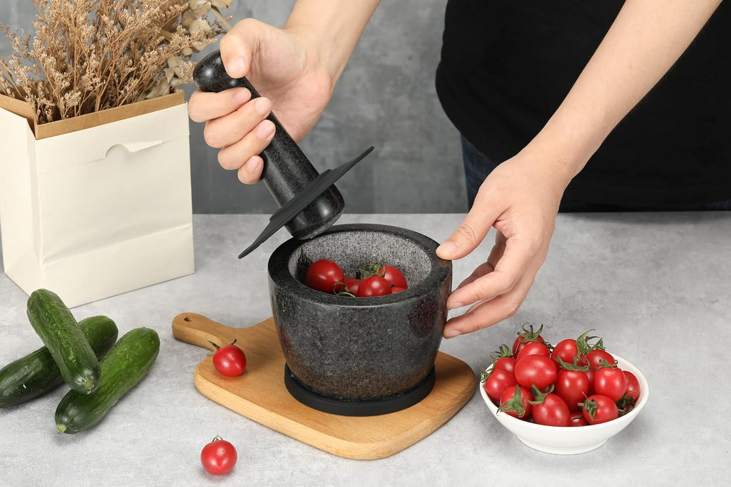 Mortar and Pestle Set Carved from Natural Granite - Heavy Duty, 2 Cup