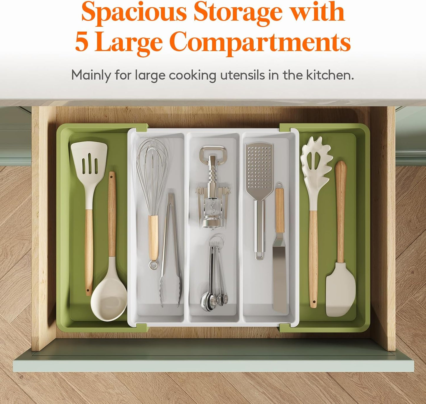 Lifewit Utensil Organizer for Kitchen Drawers, Expandable Cooking Utensil Tray, Adjustable Cutlery Silverware Flatware Holder, Spatula Tools and Gadgets Storage Divider, 13"-22.4" x 15", Green&White