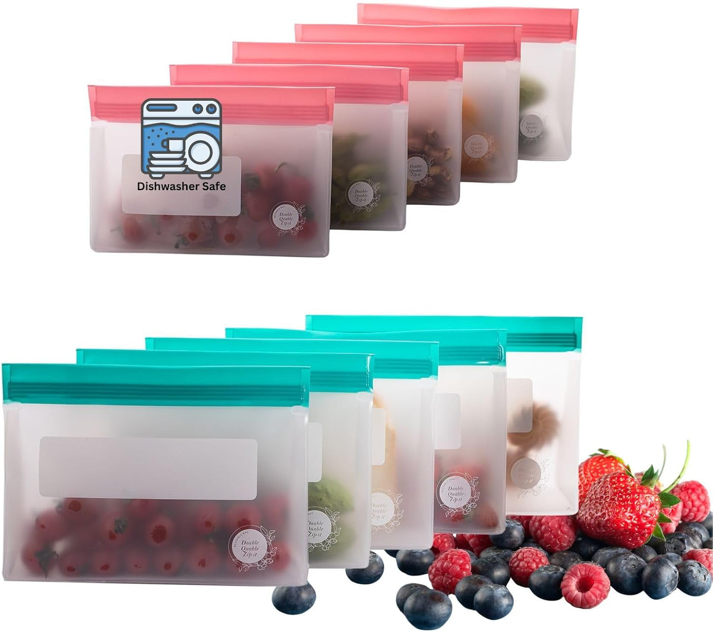 Reusable Silicone Food Storage Bags – 10-Pack Stand-Up, BPA-Free, Freezer, Dishwasher Safe, & Eco-Friendly– 5 L, 5 M Bags – Airtight Leakproof Sandwich, Snack, Travel & Make-Up baggies (Multicolor)