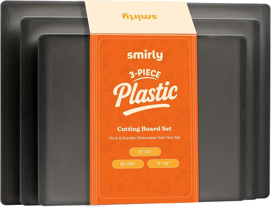 SMIRLY Plastic Cutting Board Set 3 Pieces, Non-Slip Dishwasher Safe Chopping Boards for Kitchen, Dark Grey
