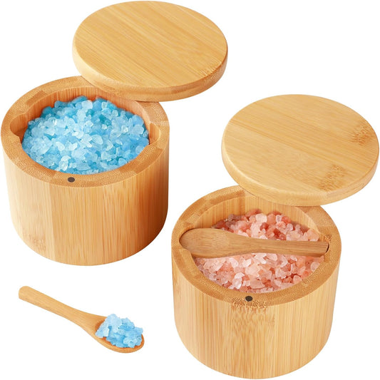 Bamboo Salt Cellar, 2 PCS Salt Container with Built-in Spoon, Salt Box Bowl with Magnetic Swivel Lid, Elegant Kitchen Salt Holder Saver Jar to Storage Pepper Spice Sea Salt for Countertop