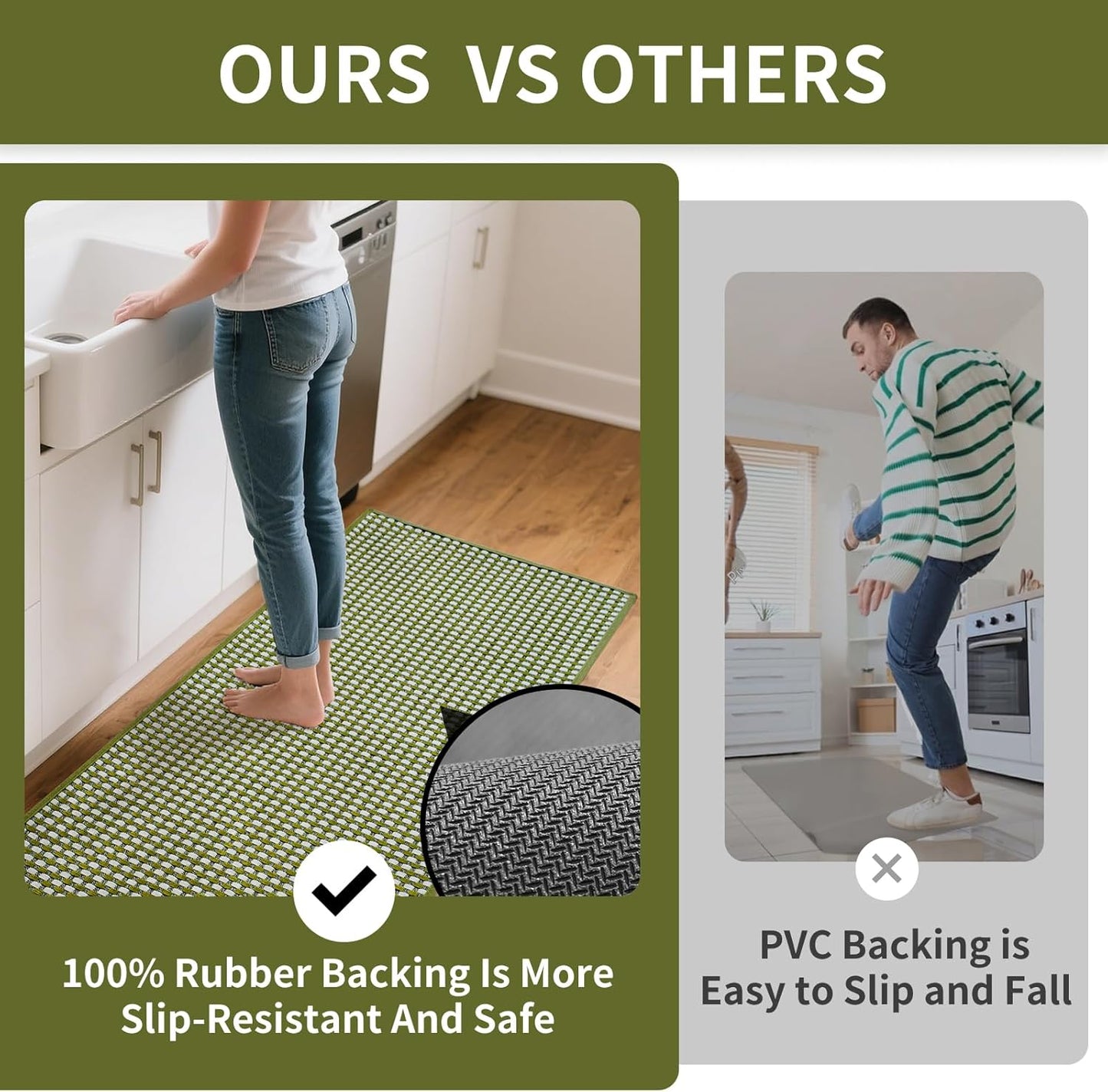 Long Kitchen Runner Rugs Kitchen Mat Non Slip Washable, Super Absorbent Soft Chenille Braided Kitchen Mats for Floor, Rubber Backing Kitchen Floor Sink Standing Mat, Easy Clean, Green 24"x71"