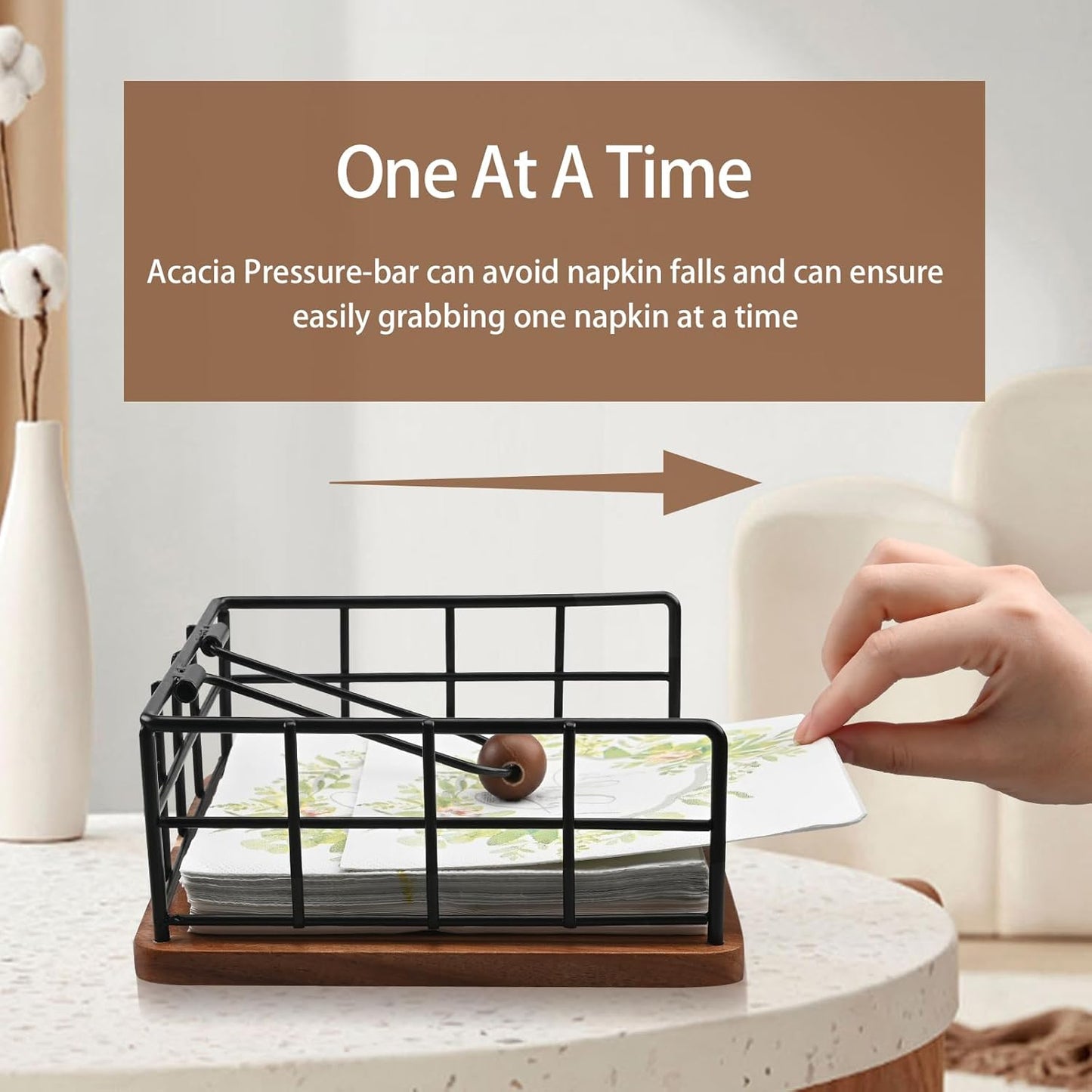 Flat Napkin Holder for Table, Acacia Napkins Holder with Weighted Arm, Rustic Metal Square Napkin Holder Organizer for Kitchen, Flat Napkin Dispenser for Countertop, Dining Room