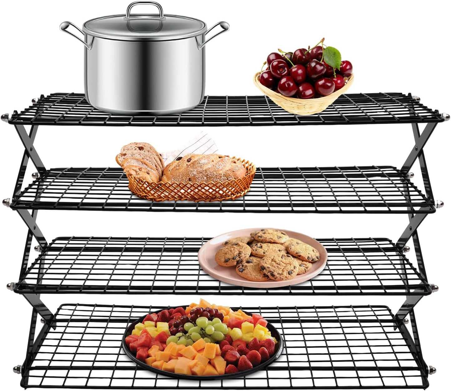4-Tier Collapsible Cooling Rack – 16" x 10" Adjustable Stackable Non-Stick Wire Rack for Baking, Roasting, Cookies, Cakes, Drying, Picnic & BBQ, Each Tier Holds 22 Lbs