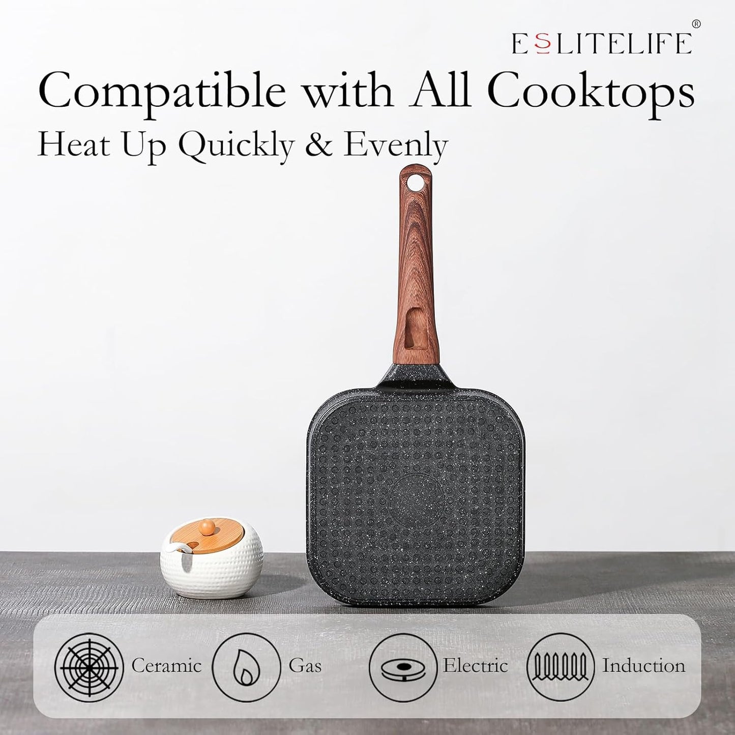 ESLITE LIFE 7 Inch Nonstick Small Grill Pan for Indoor Cooking, Versatile Induction Square Grilling Skillet Steak Pan for Stove Tops, PTFE & PFOA Free, Black