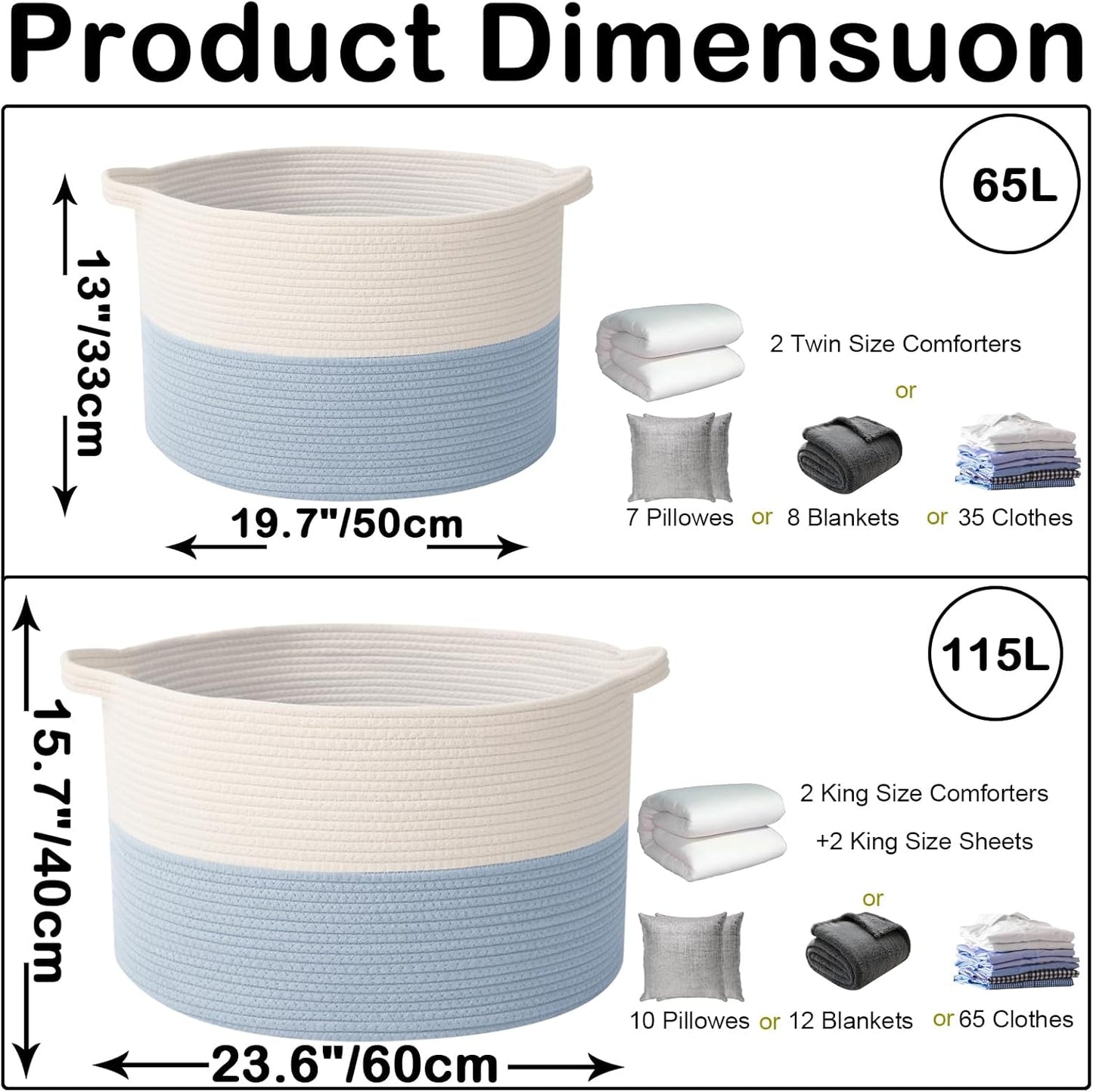 Large Blanket Basket for Organizing,65L Closet Organizers and Storage Bins Box for Shelves Woven Rope Storage Baskets,Living Room,Bedroom,Dorm,Laundry room (White&Blue)