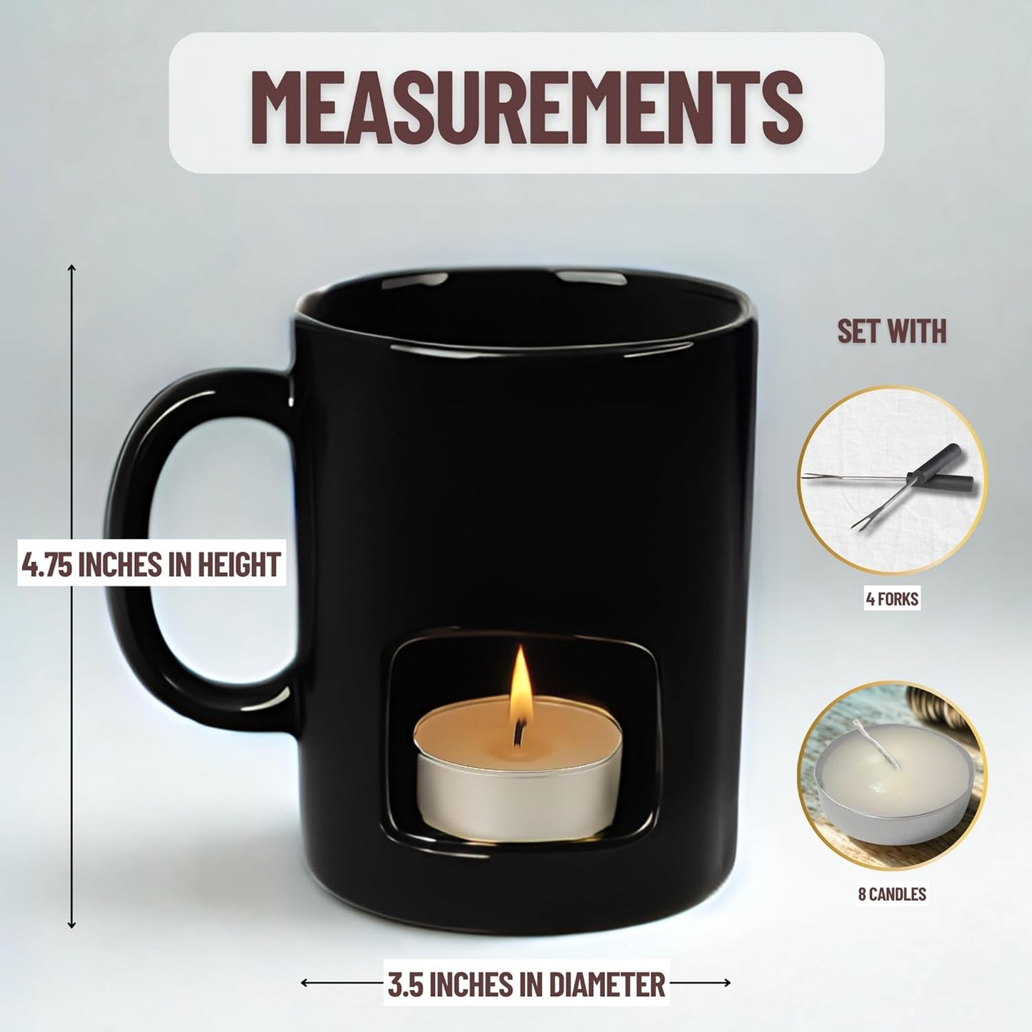 Evelots Fondue Pot Set for Chocolate, Cheese, Candy (2 Pack) Mini Ceramic Fondue Mugs Gift Set with 4 Forks & 8 Candles - Great for Date Night Birthday & Wedding Gifts