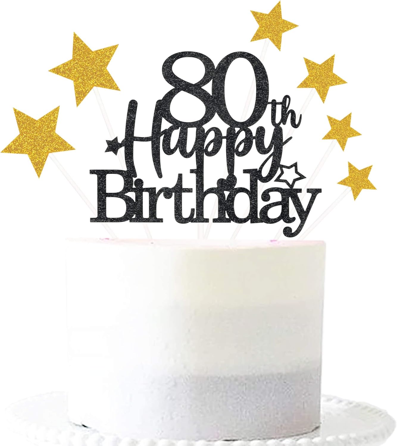 Glittery 80th Happy Birthday Cake Topper with Star,Personalised 80 Birthday Cake Toppers Party Decorations Party Supplies for Men Women Black Gold