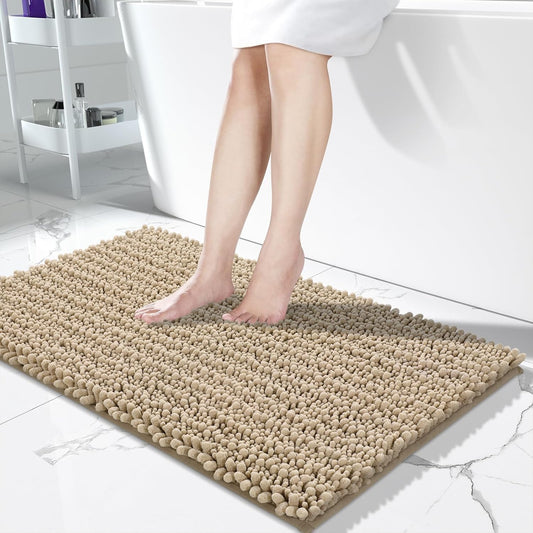 Yimobra Long Bathroom Rugs Non Slip Washable 44x24 Inch - Ultra Soft Absorbent Chenille Bath Mat, Quick Dry Shaggy Floor Carpet for Tub Shower, Pale Khaki Home Decor Accessories