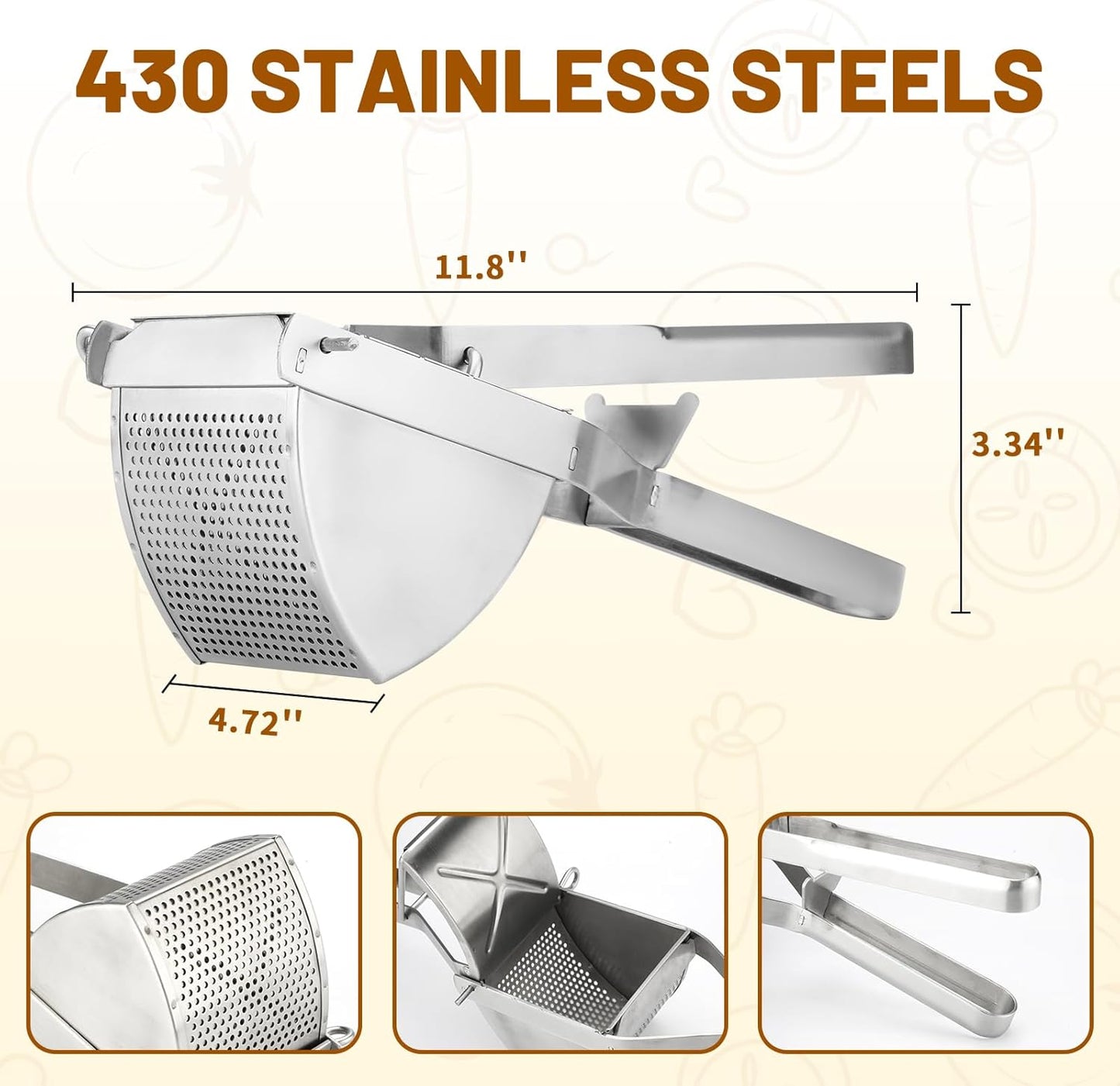 Potato Ricer, Heavy Duty Stainless Steel Professional Ricer for Mashed Potatoes and Ricer Kitchen Tool, Mash Potato Masher for Creamy Mashed Potatoes (Silver)