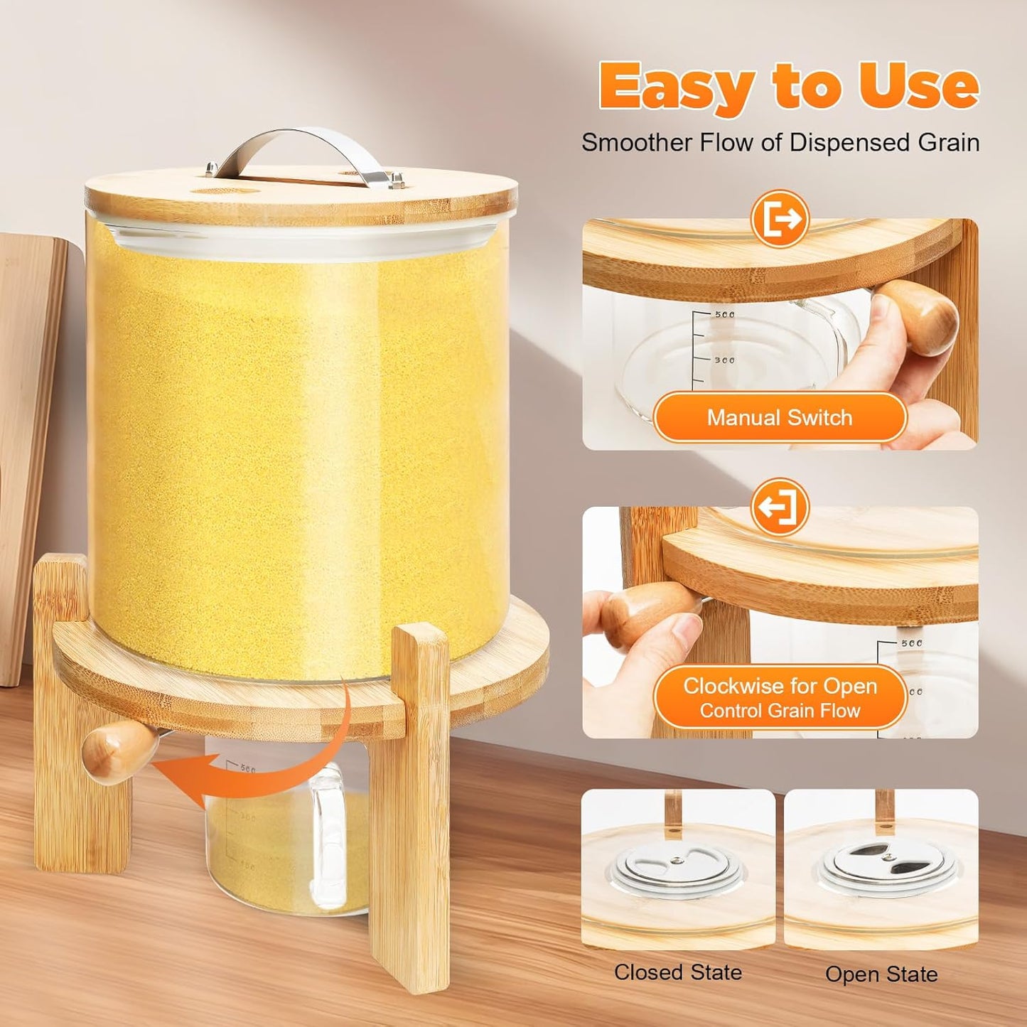 CNCEST Flour and Cereal Container, Glass Rice Dispenser, Countertop Cereal Dispenser with Measuring Cup, Airtight Lid & Wooden Stand for Storing Rice, Flour, Nuts, Coffee Beans (5L/1.32Gal)