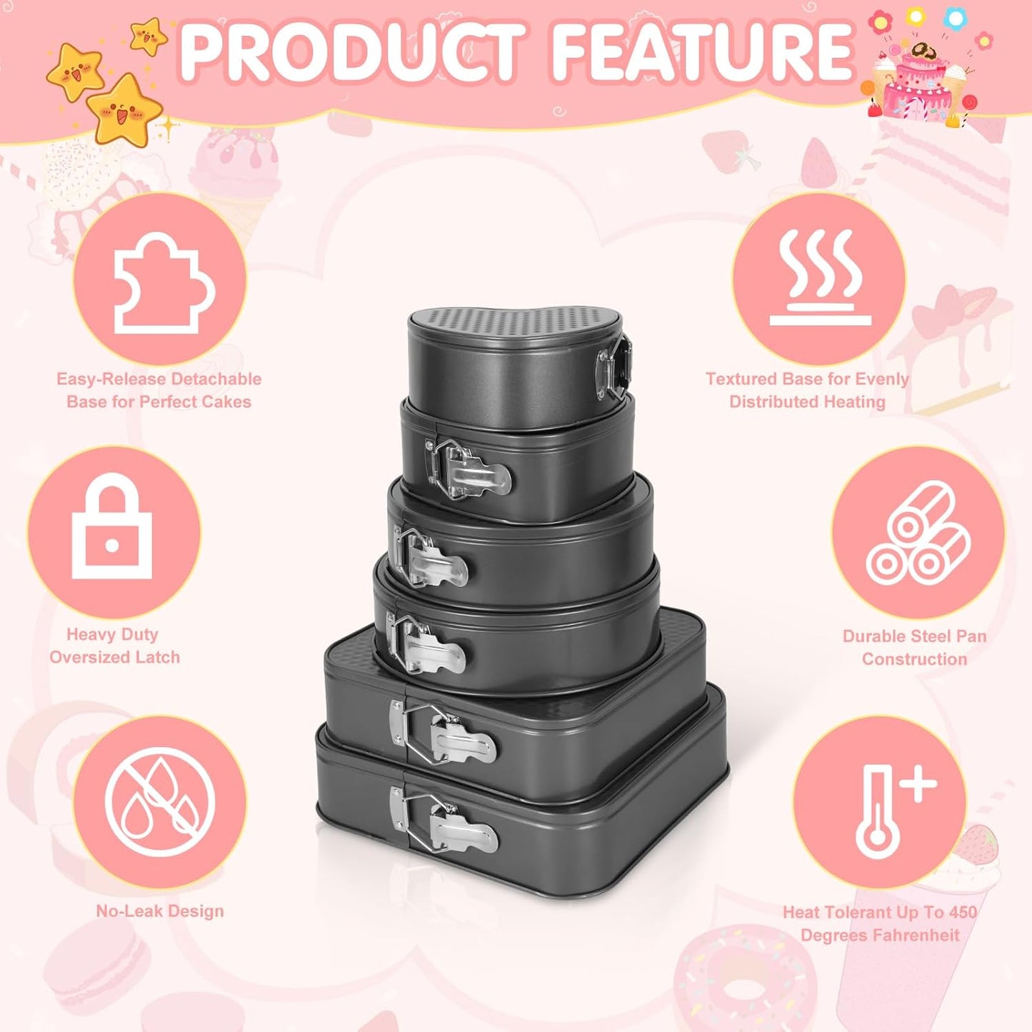 6Pcs Springform Cake Pan Set Of 7 7.8 8.6 9 10 11inch Moldes Para Pasteles Non-Stick Spring Pans Heart Cake Pan Round Nonstick Cheesecake Pans Square Spring Form Pan For Cheesecake Pizza Quiches