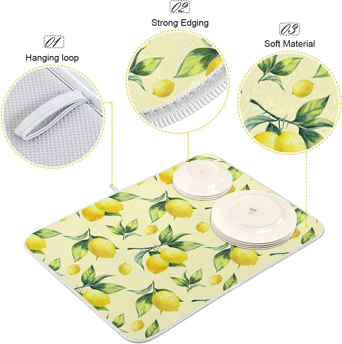 Super Absorbent Dish Drying Mat, Microfiber Fast-Drying Dish Mat, 24" x 18", Kitchen Dish Drying Pad, Vintage Yellow Lemon With Leaves