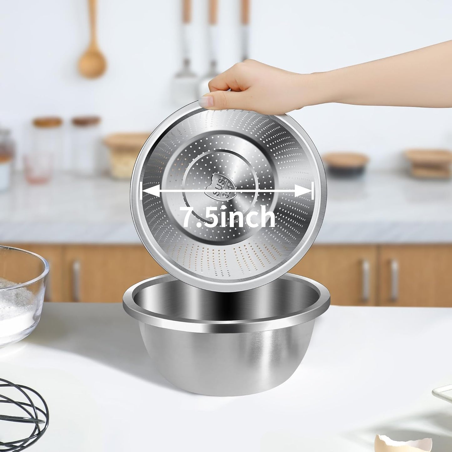 Colander 304 Stainless Steel 3-quart with Mixing Bowls, Strainer for Kitchen Food For washing vegetables, fruit, rice, Dishwasher Safe. (2PC)