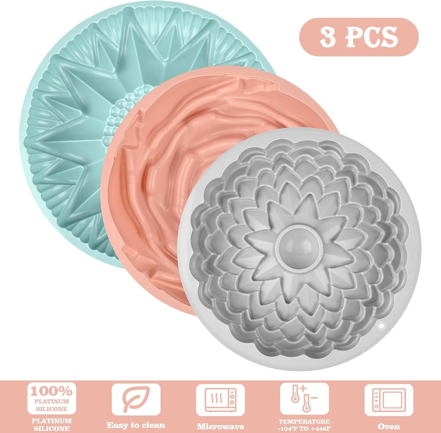 Sakolla 3 Pack Flower Shape Silicone Cake Molds, Large Round Silicone Molds for Baking Cake, Breads, Pies, Tarts, Jello (Rose, Chrysanthemum, Sunflower)